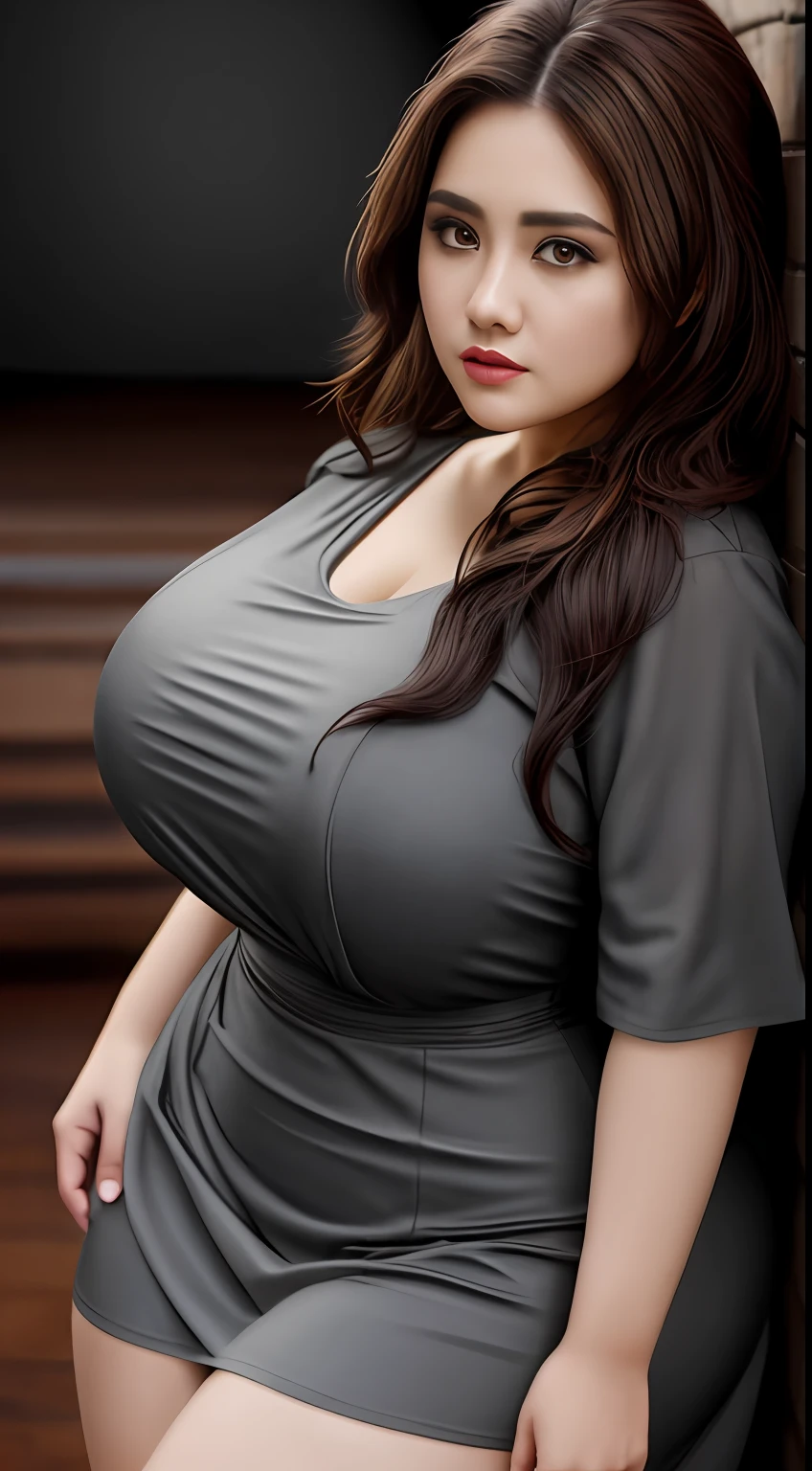 A curvy woman, with pale skin, long brown hair, in a dark shadowy room, wearing a grey flowing dress, big boobs, booty
(thick thighs:1.3), (wide hips:1.1), HDR, depth of field, bokeh, high quality, 8K, smooth, sharp focus, daylight lighting, detailed face, hyperrealism, perfect face
