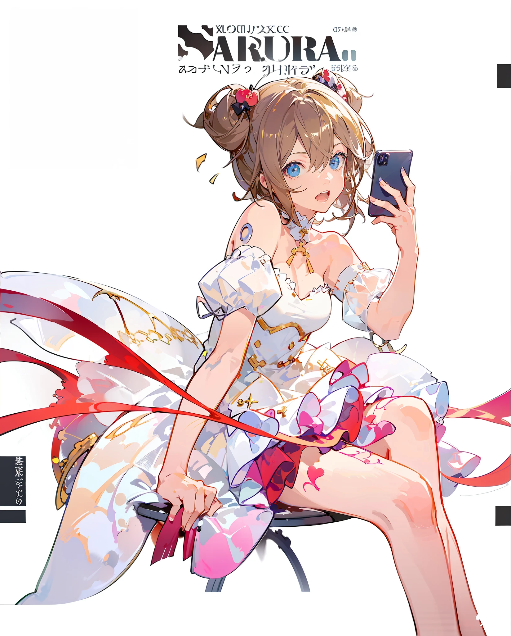 Anime girl in white dress sitting in chair holding cell phone, at pixiv, Pisif, Highest rated on Pisif, Popular on Pixiv, Pisif 3DCG, Popular on Pisif, Pisif style, Digital art on Pisif , Pisif Contest Champion, zerochan art, zerochan, trending on artstation pixiv