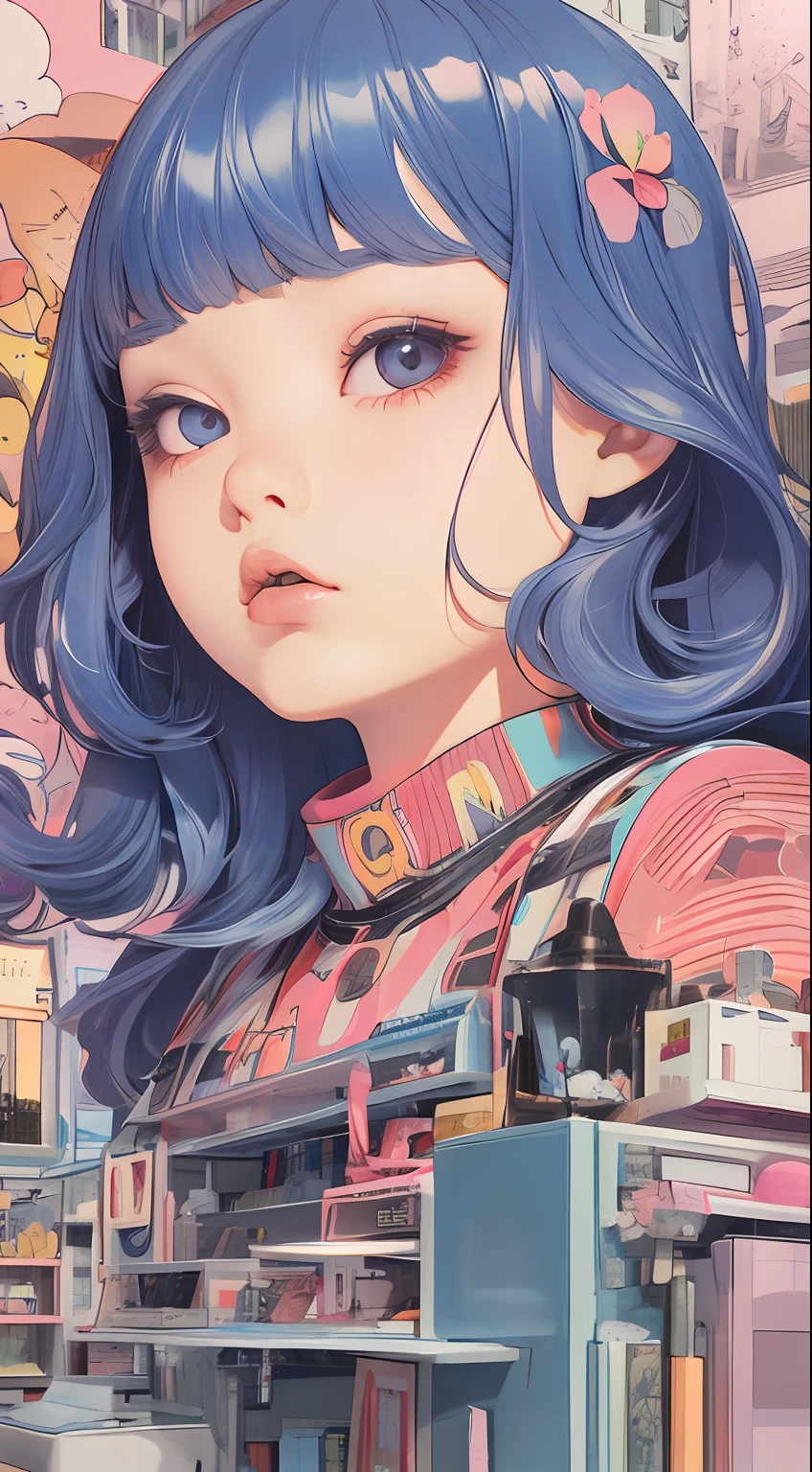 (masterpiece、top-quality)、1girl in、Nothing is worn、skirt by the、Wavy Longhair、asymmetrical bangs、waving at viewer、face perfect、beautiful countenance、A charming、big gorgeous eyes、eyeshadows、Soft smile、perfect slim fit body、bright colour