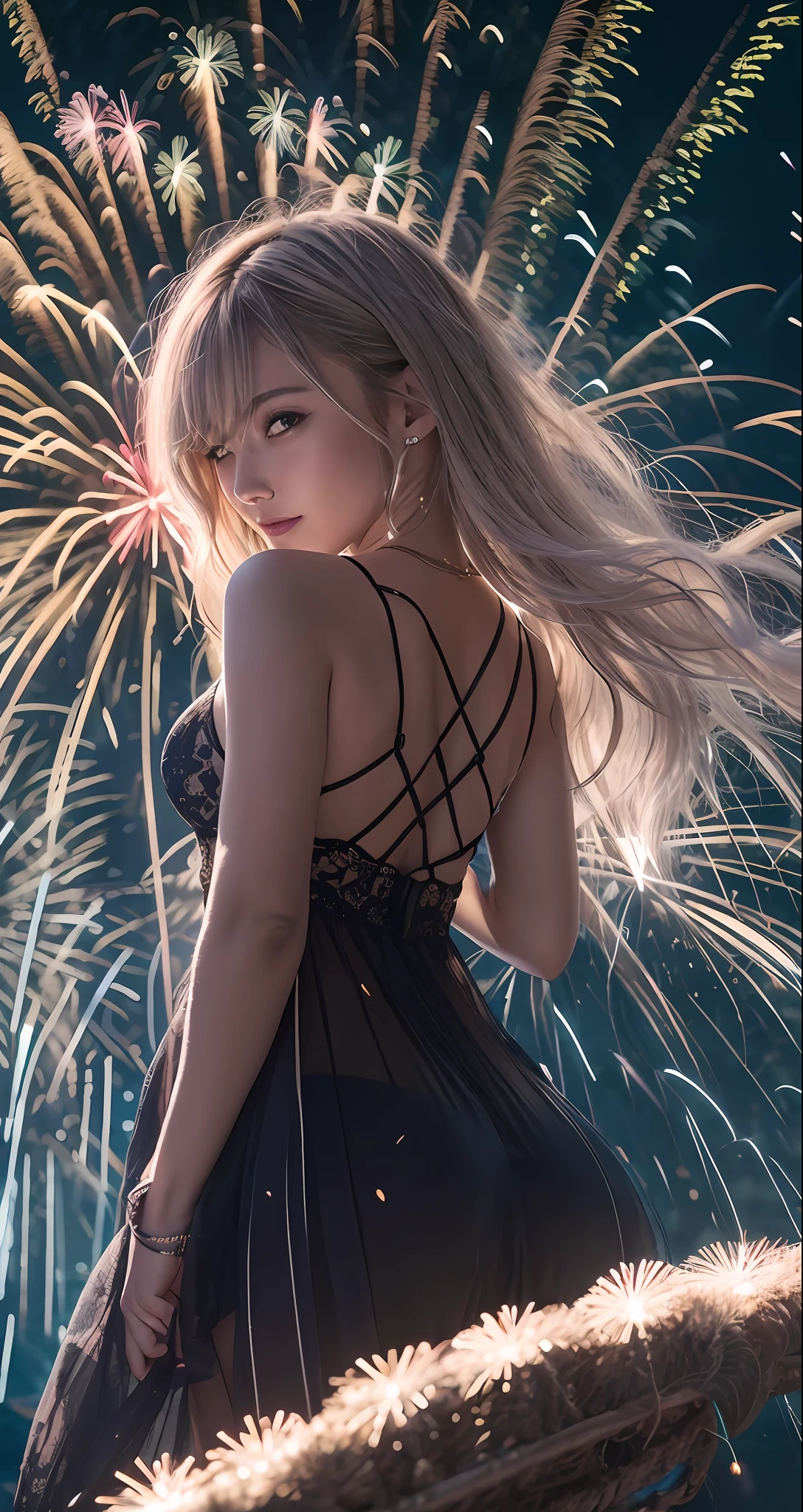 masutepiece, Best Quality, Raw photo、Ultra-realistic hair quality、Movie stills, 1girl in, front, Low-cut Sheer Dress, Big Tits, close-up, Bright, Happy, Warm soft light, (Fireworks: 0.3),japanes、20yr old