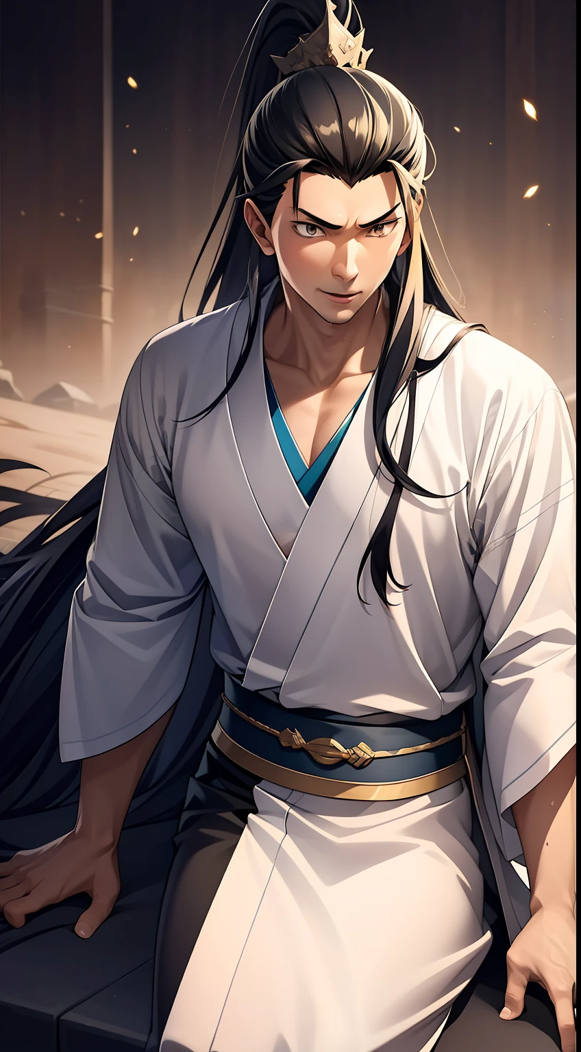 quadratic element，style of anime，mtu（Male Warrior），The proportions are correct，Face details，swordsmen，High ponytail hairstyle，Neck details，There is an Adam's apple，Golden Hanfu，kaftan，Embroidered robes，Golden robes，clothes details，Handing over，longer sleeves，Game quality，Swordsmanship，Light and shadow tracking，Ray traching，detailed glow，cg render，hair detail，cabellos largos dorados，Golden eyes，Handsome，Handsome，（juvenile sense），Clothing is complicated，Perfectcomposition，Refinement，high qulity，higher details，Lots of details，The background is complex，a sense of atmosphere，