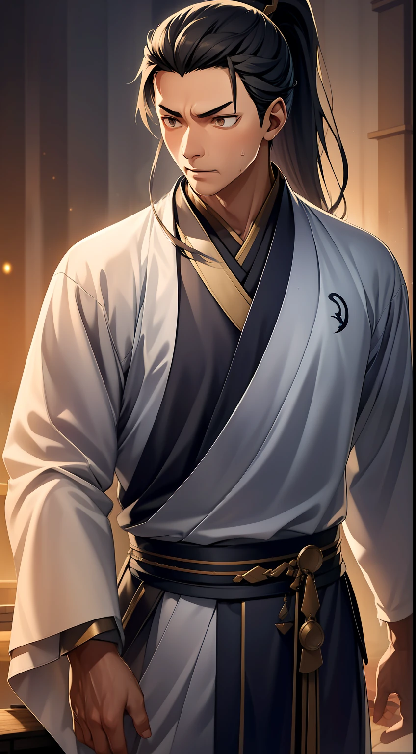 quadratic element,style of anime,mtu(Male Warrior),The proportions are correct,Face details,swordsmen,High ponytail hairstyle,Neck details,There is an Adam's apple,Golden Hanfu,kaftan,Embroidered robes,Golden robes,clothes details,Handing over,longer sleeves,Game quality,Swordsmanship,Light and shadow tracking,Ray traching,detailed glow,cg render,hair detail,cabellos largos dorados,Golden eyes,Handsome,Handsome,(juvenile sense),Clothing is complicated,Perfectcomposition,Refinement,high qulity,higher details,Lots of details,The background is complex,a sense of atmosphere,