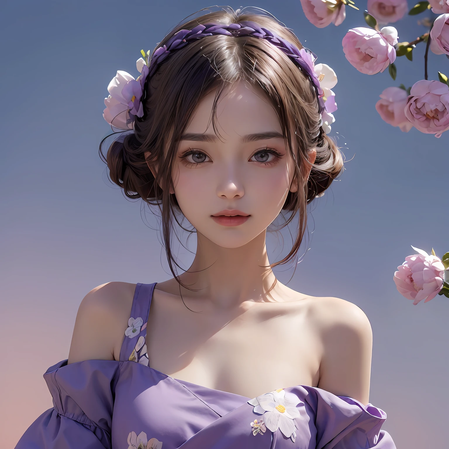 ((Best picture quality, 8K, tmasterpiece:1.3)), 1 cute playful girl, Smart beauty with slim abs:1.3, (Casual hairstyle, Purple flowers are worn on the head,Above the shoulder:1.2), Purple dress:1.1, Ultra-fine face, A detailed eye, 二重まぶた,ssmile,Purple peony flowers are worn on the head,Quiet pure sky background,solo person,Close-up of the area above the shoulder!
