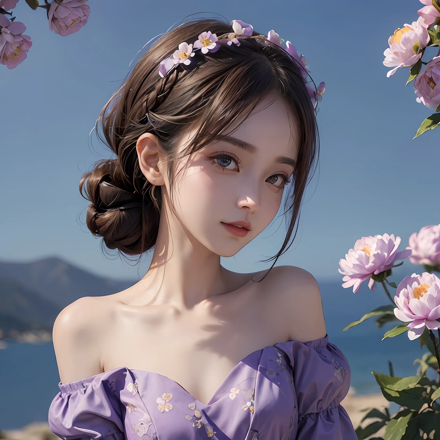 ((Best picture quality, 8K, tmasterpiece:1.3)), 1 cute playful girl, Smart beauty with slim abs:1.3, (Casual hairstyle, Purple flowers are worn on the head,Above the shoulder:1.2), Purple dress:1.1, Ultra-fine face, A detailed eye, 二重まぶた,ssmile,Purple peony flowers are worn on the head,Quiet pure sky background,solo person,Close-up of the area above the shoulder!
