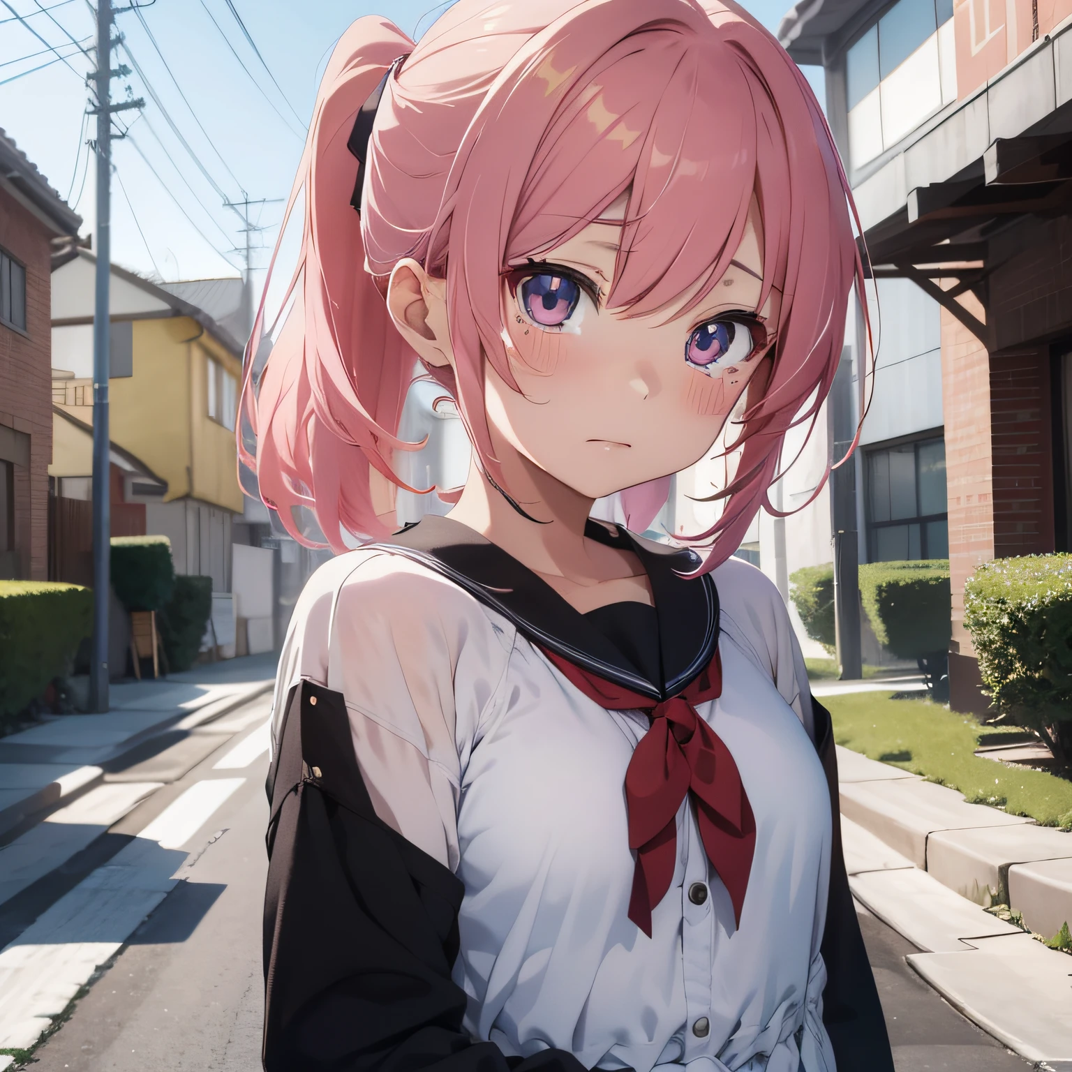 Lection Style, anime moe art style, Casual pose, High quality anime art style, Anime style. 8K, photorealistic anime girl render, made with anime painter studio, artwork in the style of guweiz, realistic anime 3 d style, anime styled 3d　Soio　Pink hair color child　Low ponytail　white  clothes　Has a sad face　covering with hands、crying how bright　sad Facial expression　Swollen eyes　lamentation　I'm crying　lamentation　Fall and cry　Fall　Wearing a uniform