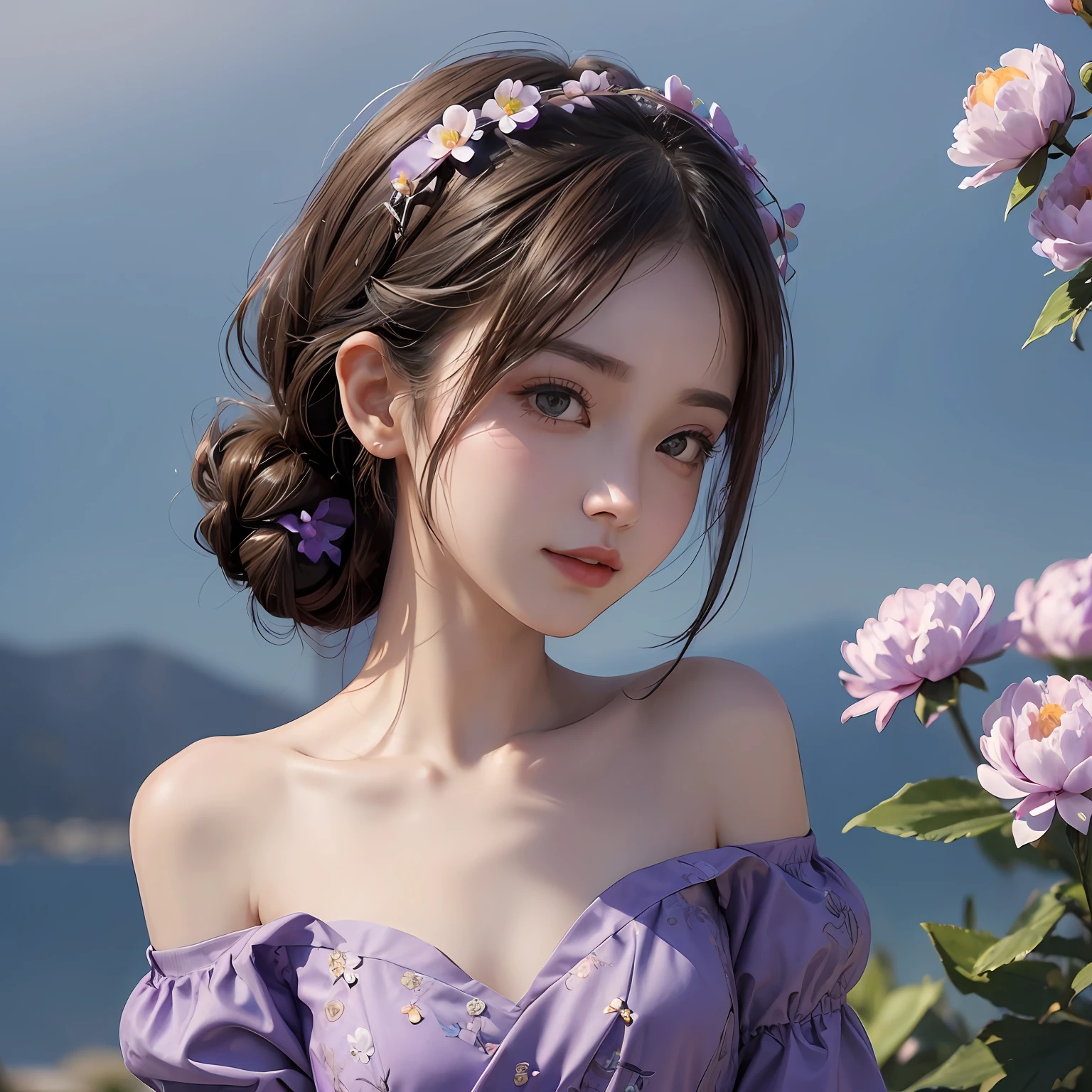 ((Best picture quality, 8K, tmasterpiece:1.3)), 1 cute playful girl, Smart beauty with slim abs:1.3, (Casual hairstyle, Purple flowers are worn on the head,Above the shoulder:1.2), Purple dress:1.1, Ultra-fine face, A detailed eye, 二重まぶた,ssmile,Purple peony flowers are worn on the head,Quiet pure sky background,Close-up of the part above a person's shoulder!