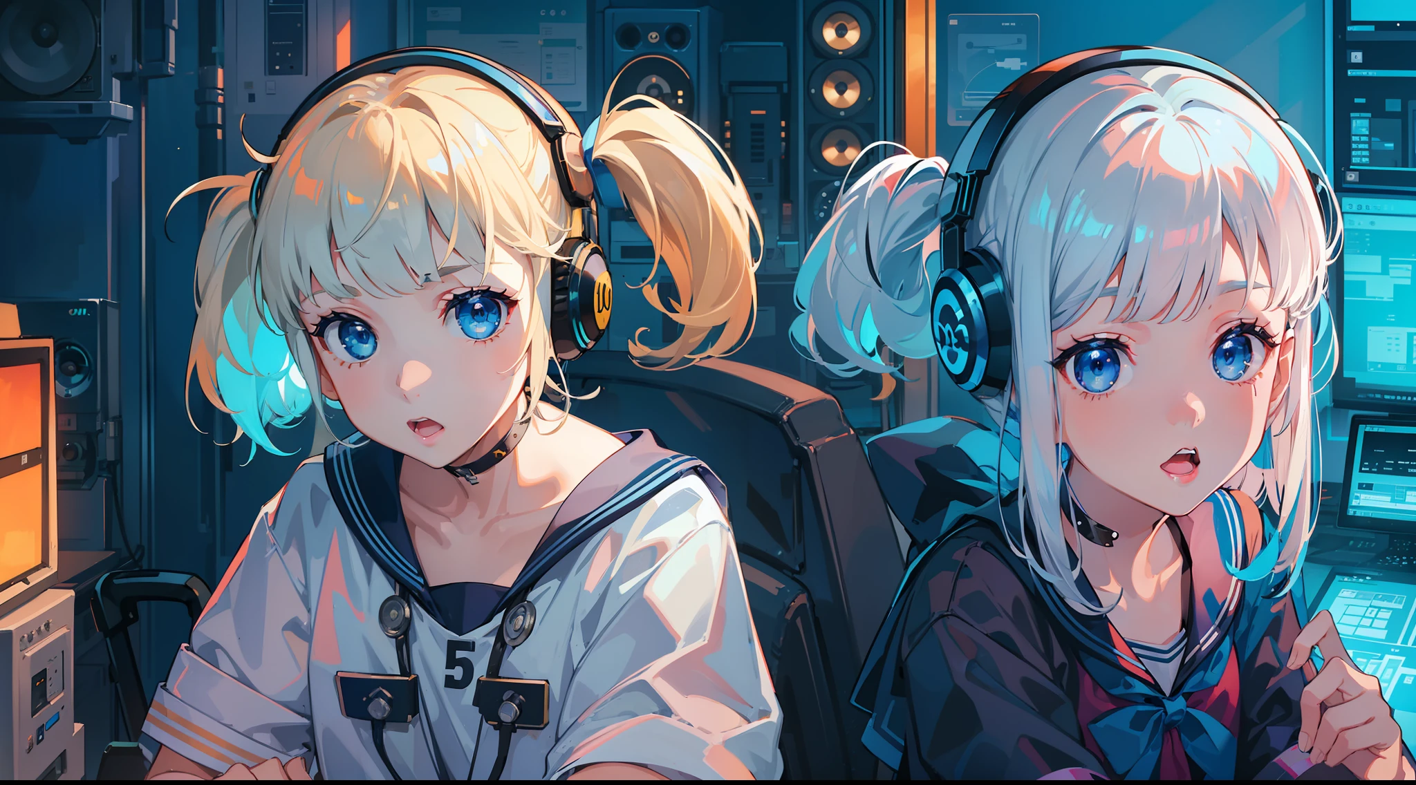 2girl, one is a short girl with blue eyes in a sailor suit with a blonde bob cut and the other is a short girl with blue eyes in a sailor suit with a silver hair cut and asymmetrical bangs, (sitting), blue cyber punk room, blue fluorescent light, room with lots of monitors and speakers