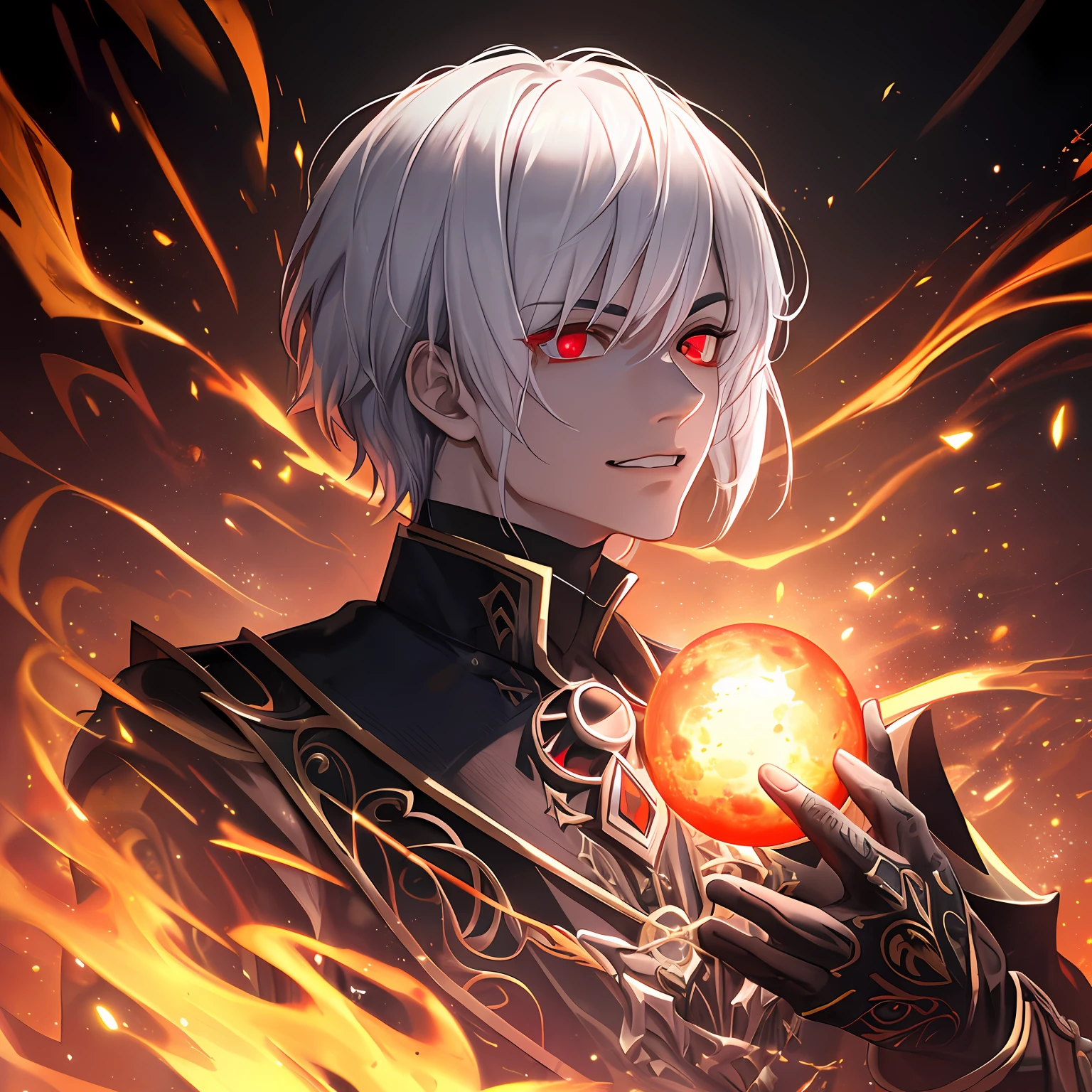 kk, best quality, more details, masterpiece, portrait, 1boy, male focus,  (evil:1.2),(from below:1), male focus, solo, smile, kaneki ken, heterochromia, black sclera, colored sclera, white hair, red eyes, looking at viewer, grin, portrait, bangs, short hair,dark energy, colorful, vibrant colors, portal to another world, side view, face_focus, zoomed_face, zoomed_in, bokeh,
bloody, evil, dark,moody, spooky background, villian, colorful, beautiful,
ultra realistic, intricate details, elegant, hyper realistic, tonemapping, hyperfocus, sharp focus, [volumetric lighting],photorealistic realistic, luxurious, 8k, detailed, ray tracing, depth of field, cinematic lighting, small gold particles,