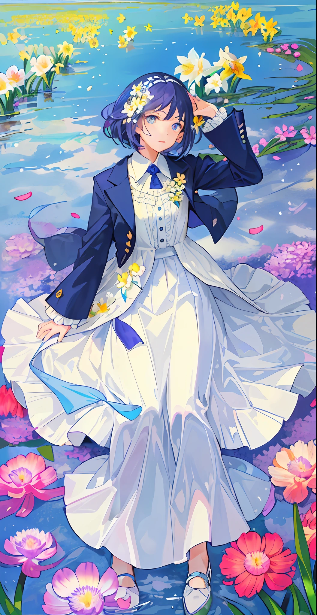 ((masterpiece,best quality)),(1girl, solo:1.4),beautiful detailed eyes, vivid, cloudy sky, flower, anemone \(flower\), daffodil, hyacinth,falling petals,