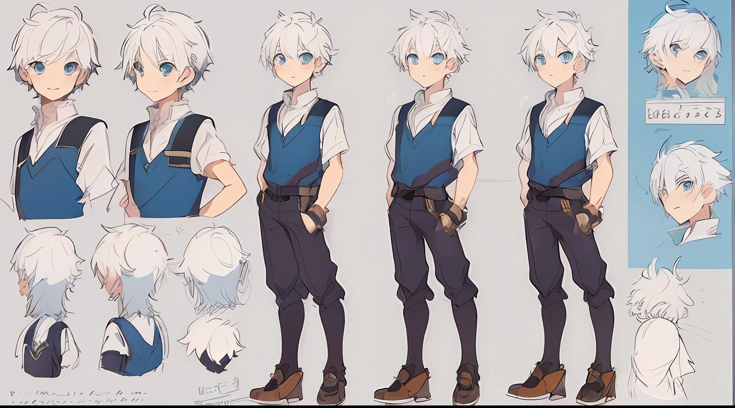a drawing of a boy with white hair and blue eyes, anime character design, male character design, anime character reference sheet, best anime character design, detailed anime character art, [ character design ], anime character art, ( ( character concept art ) ), full body character design, character concept reference art, professional character design, high quality character design, detailed character design, smiling, ((masterpiece)),(((best quality))) detailed face, detailed hair, detailed eyes