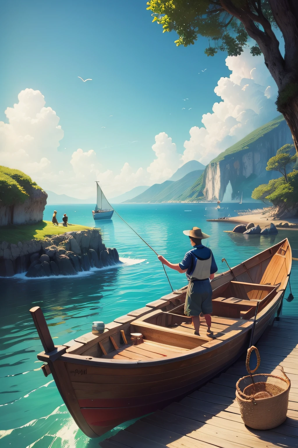 on the sea、Fisherman on a small boat、Have a net、Fantastic world、、The whole sea is bright and fantastic、illustratio