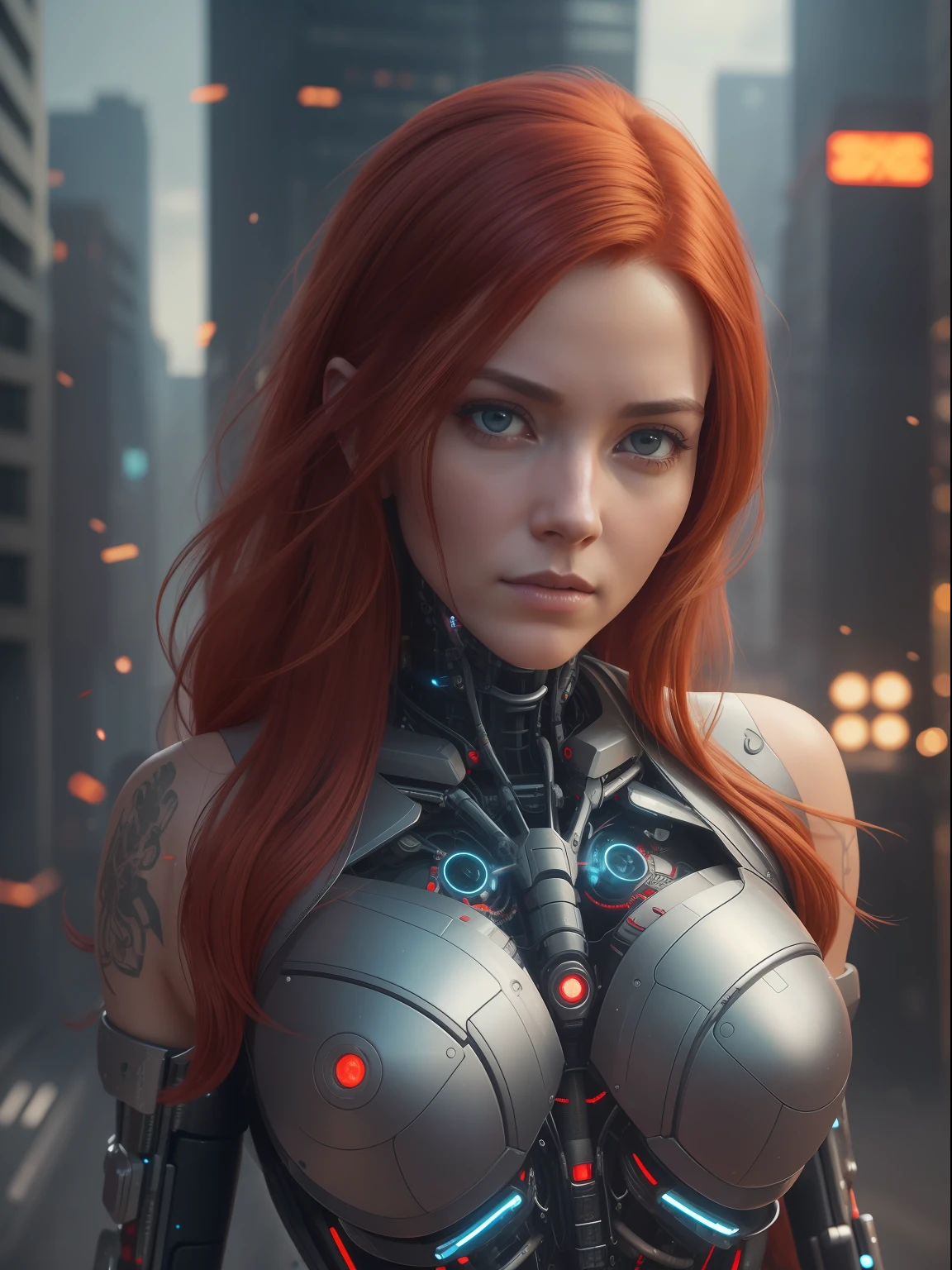 Award-winning photo from the waist up, red-haired woman showing her face, alone, from the torso up, with cybernetic enhancements with tattooing of magical symbols, in front of cyberpunk buildings, vibrant, photorealistic, hyper-realism, strong impressionist painting style, 1,618, elegant, ethereal, intricate, elaborate, hyper-realism, hyper-detailed, strong expressiveness and emotionality, cinematic lighting, visual clarity