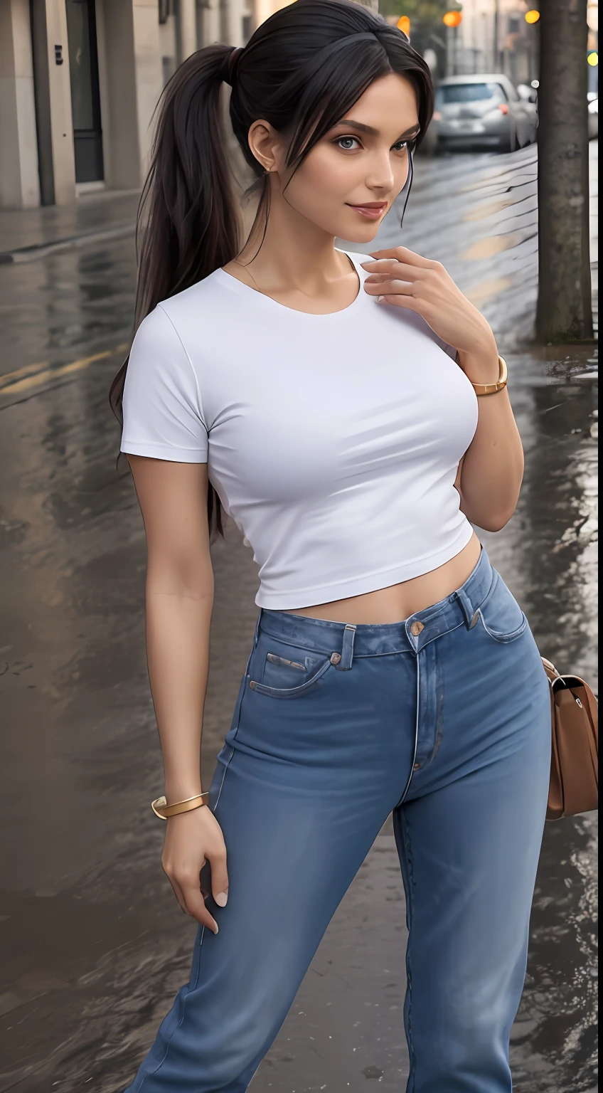 ((Best Quality, 8k, Masterpiece:1.3)), Focus: 1.2, Perfect Body Beauty: 1.4, front looking 1.2, ((Long Hair)), (Black round neck plain Tee-shirt:1.1) , (Rainy Street:1.3), Blue slim fit torn jeans : 1.1, Highly detailed face and skin texture, Detailed eyes, Double eyelids, toned body, Whitened skin, smile, black hair's, Red pencil heels, perfect feet's, firm breasts, firm thiges, looking at camera, fashion shoot style, full body length tee-shirt, Short sleeves, lose fitting tee-shirt, ponytail, white hairband, fashion bangle's, gold bracelet, golden apple watch, golden anklet