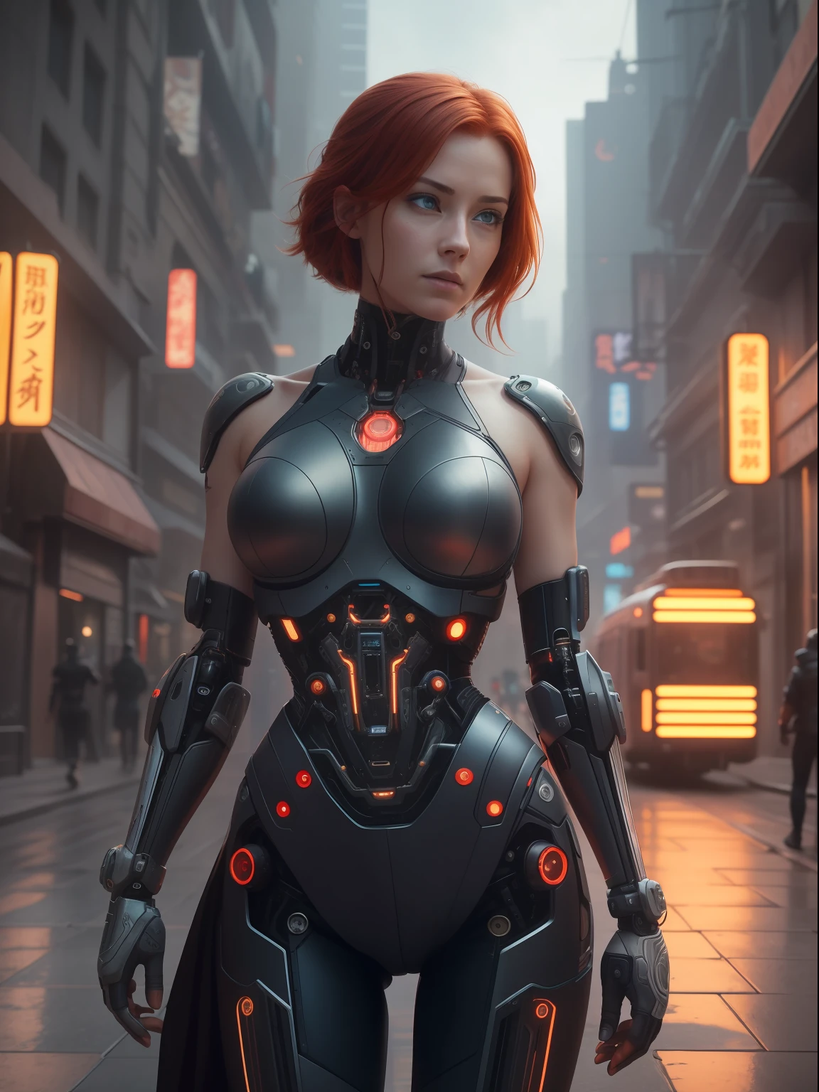 Award-winning photo from the waist up, red-haired woman showing her face, alone, from the torso up, with cybernetic enhancements with tattooing of magical symbols, in front of cyberpunk buildings, vibrant, photorealistic, hyper-realism, strong impressionist painting style, 1,618, elegant, ethereal, intricate, elaborate, hyper-realism, hyper-detailed, strong expressiveness and emotionality, cinematic lighting, visual clarity