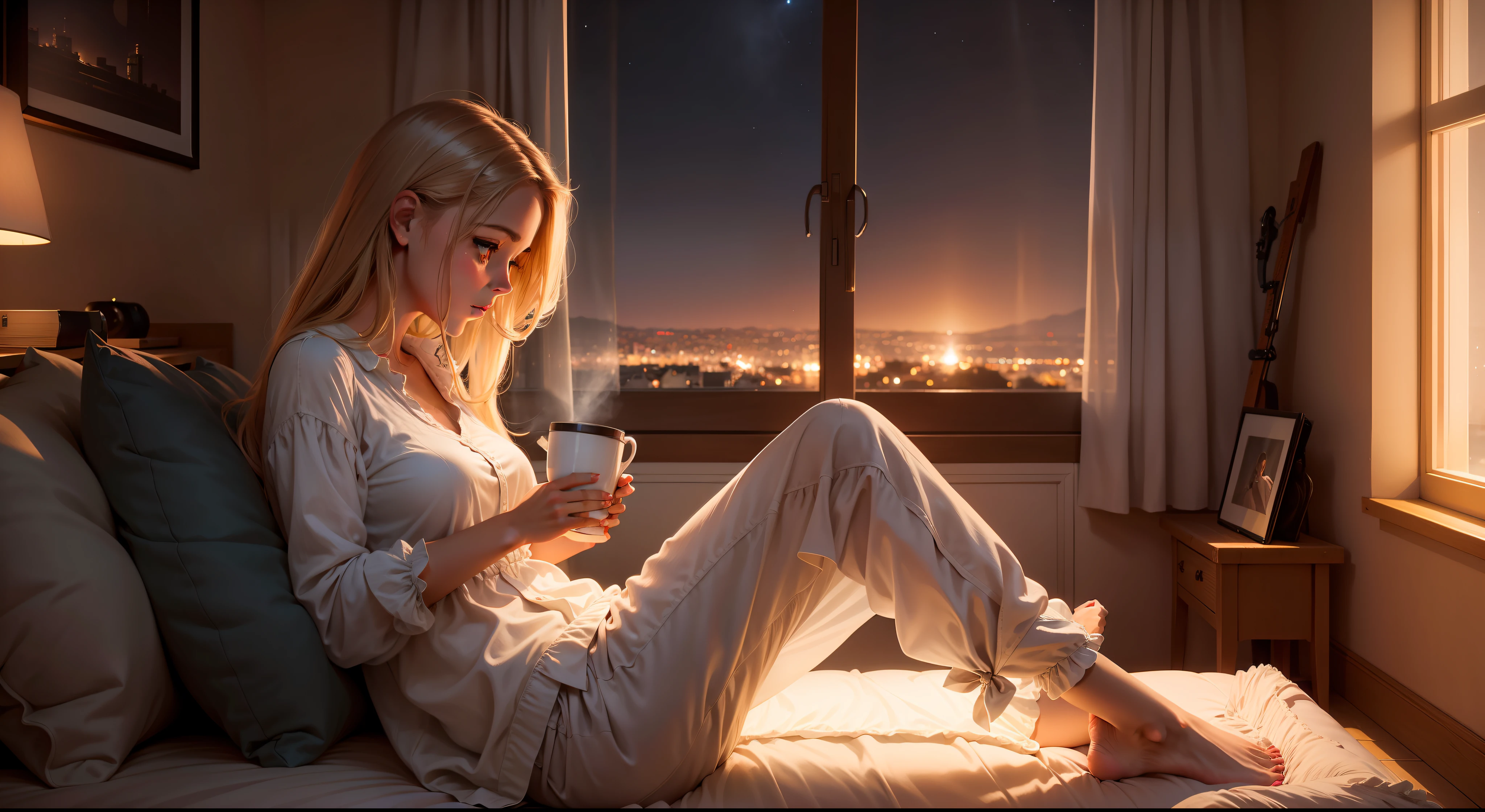 the night，Cosy room，large french window，kawa，Girl in short-sleeved coffee，long whitr hair，Overlooking，best qualtiy，tmasterpiece，Ultra-clear resolution，realisticlying，Kizi