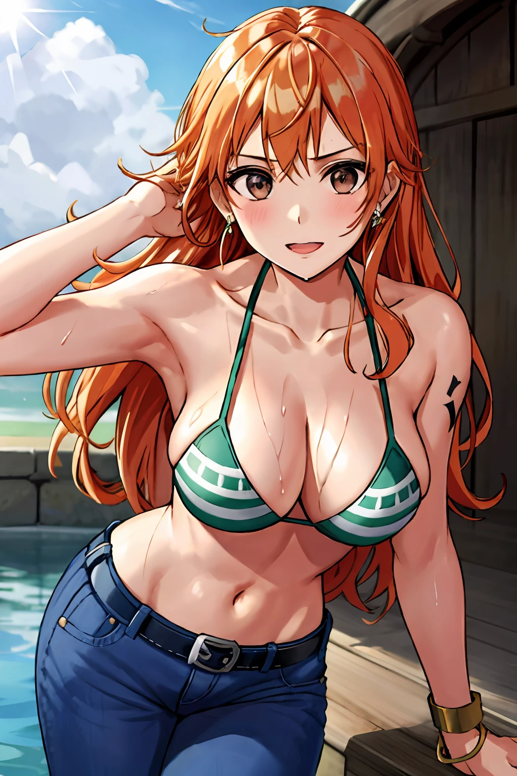 detailed background, masterpiece, 4k, best quality, late youth, adult, wrestler body, 1girl, active, energic, uppercut, (large mouth) , solo, nami \(one piece\), 1girl, bangle, (very wet, drenched in sweat, sweat all over body, very wet hair, tired, taking breath, open mouth, hand on stomach, sweaty face, sweaty body, panting, sweating too much, shiny sweat, sweat stains, leaning forward, tilting, hands on knees, waving good bye), perfect detailed face, bold drawing lines, muscular arms, detailed bold arm lines, flat jaw, adult woman, wavy wide streaked bangs, floating bang streaks, (big cheeks), bare shoulders, off-shoulders, belt, bikini, bikini top only, blue sky, bracelet, springy breasts, breast lines, big round eyes, plain big brown shiny eyes, bubbles, high eye position, cleavage, cloud, day, denim, earrings, floating hair, shiny hair, green belt, green bikini, bold groin lines, jeans, jewelry, large breasts, log pose, long hair, looking at viewer, navel, wet hair, orange hair, pants, shoulder tattoo, sidelocks, sky, solo, standing, stomach, swimsuit, tattoo , looking at viewer, open mouth, detailed left arm, big forehead, hourglass figure, small head, toned body, wide hair, wind effect, sun effect, under the sun, narrow small ears angle, older, random poses,