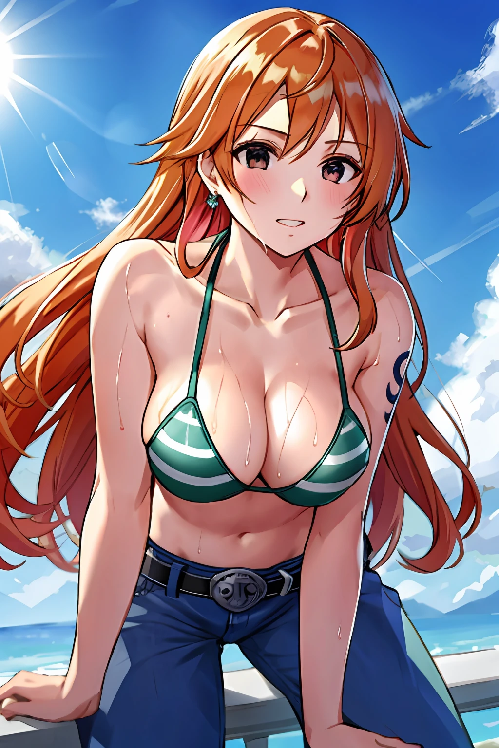 detailed background, masterpiece, 4k, best quality, late youth, adult, wrestler body, 1girl, active, energic, uppercut, (large mouth) , solo, nami \(one piece\), 1girl, bangle, (very wet, drenched in sweat, sweat all over body, very wet hair, tired, taking breath, open mouth, hand on stomach, sweaty face, sweaty body, panting, sweating too much, shiny sweat, sweat stains, leaning forward, tilting, hands on knees, waving good bye), perfect detailed face, bold drawing lines, muscular arms, detailed bold arm lines, flat jaw, adult woman, wavy wide streaked bangs, floating bang streaks, (big cheeks), bare shoulders, off-shoulders, belt, bikini, bikini top only, blue sky, bracelet, springy breasts, breast lines, big round eyes, plain big brown shiny eyes, bubbles, high eye position, cleavage, cloud, day, denim, earrings, floating hair, shiny hair, green belt, green bikini, bold groin lines, jeans, jewelry, large breasts, log pose, long hair, looking at viewer, navel, wet hair, orange hair, pants, shoulder tattoo, sidelocks, sky, solo, standing, stomach, swimsuit, tattoo , looking at viewer, open mouth, detailed left arm, big forehead, hourglass figure, small head, toned body, wide hair, wind effect, sun effect, under the sun, narrow small ears angle, older, random poses,