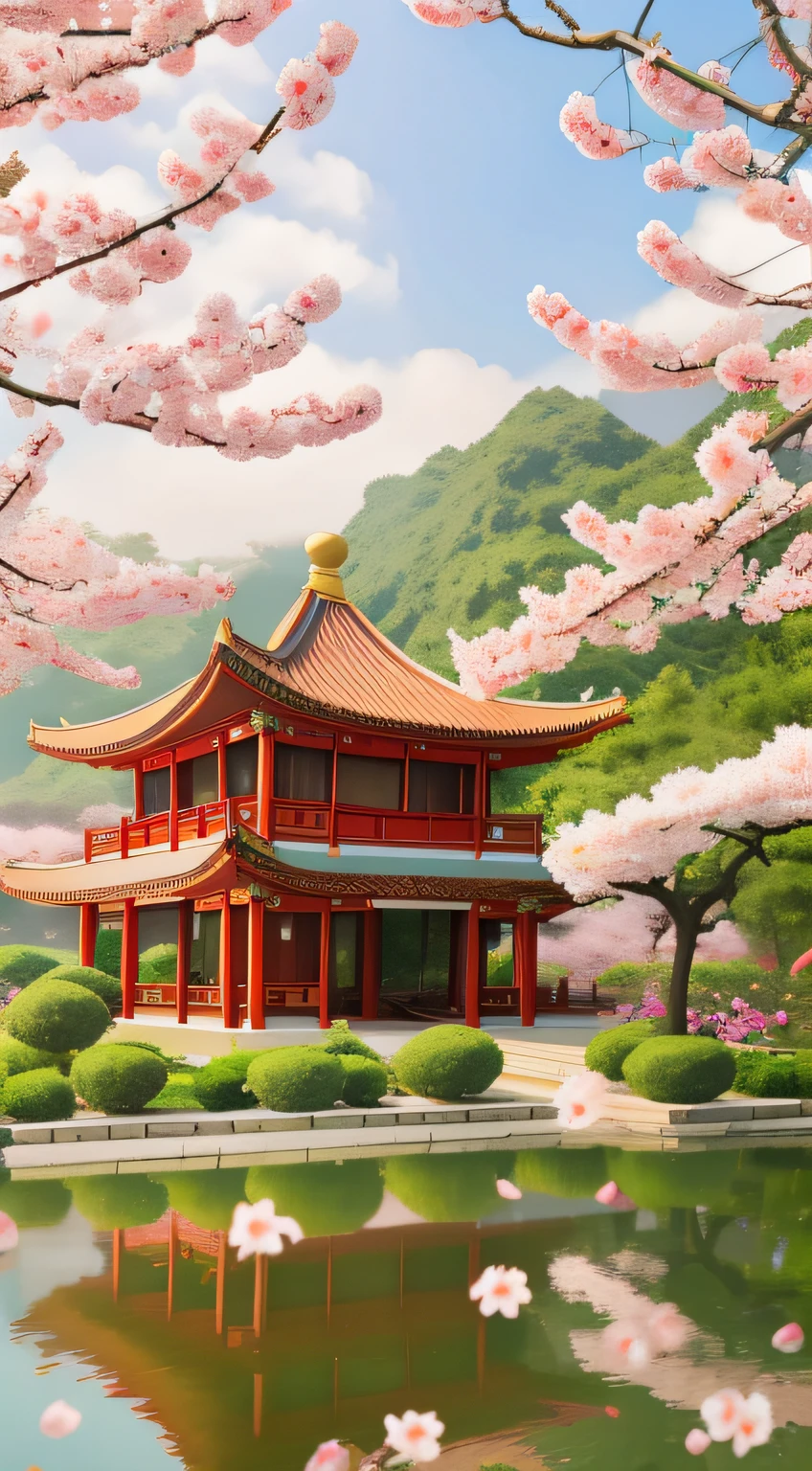 a poster，In the background is a Chinese-style pavilion and a Chinese-style wooden bridge，There are peach blossoms and floating petals，There are trees and mist，China-style，Beautiful rendering of the Tang Dynasty