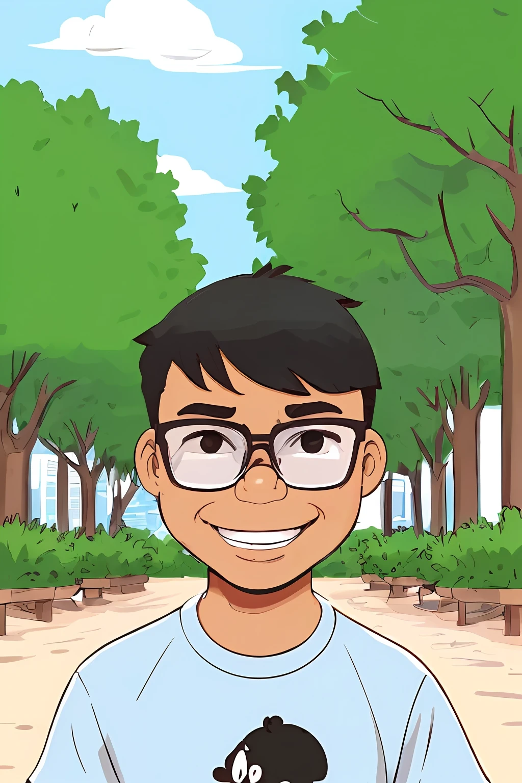 guttonerdjul23, (illustration 2d:1.5) of a smiling boy, 3 years old, light brown skin tone, wearing glasses, brooding in a park, black T-shirt and hunter shorts, front view, looking straight at viewer, short hair, brown eyes , (cartoon style:1.5), blurred background
