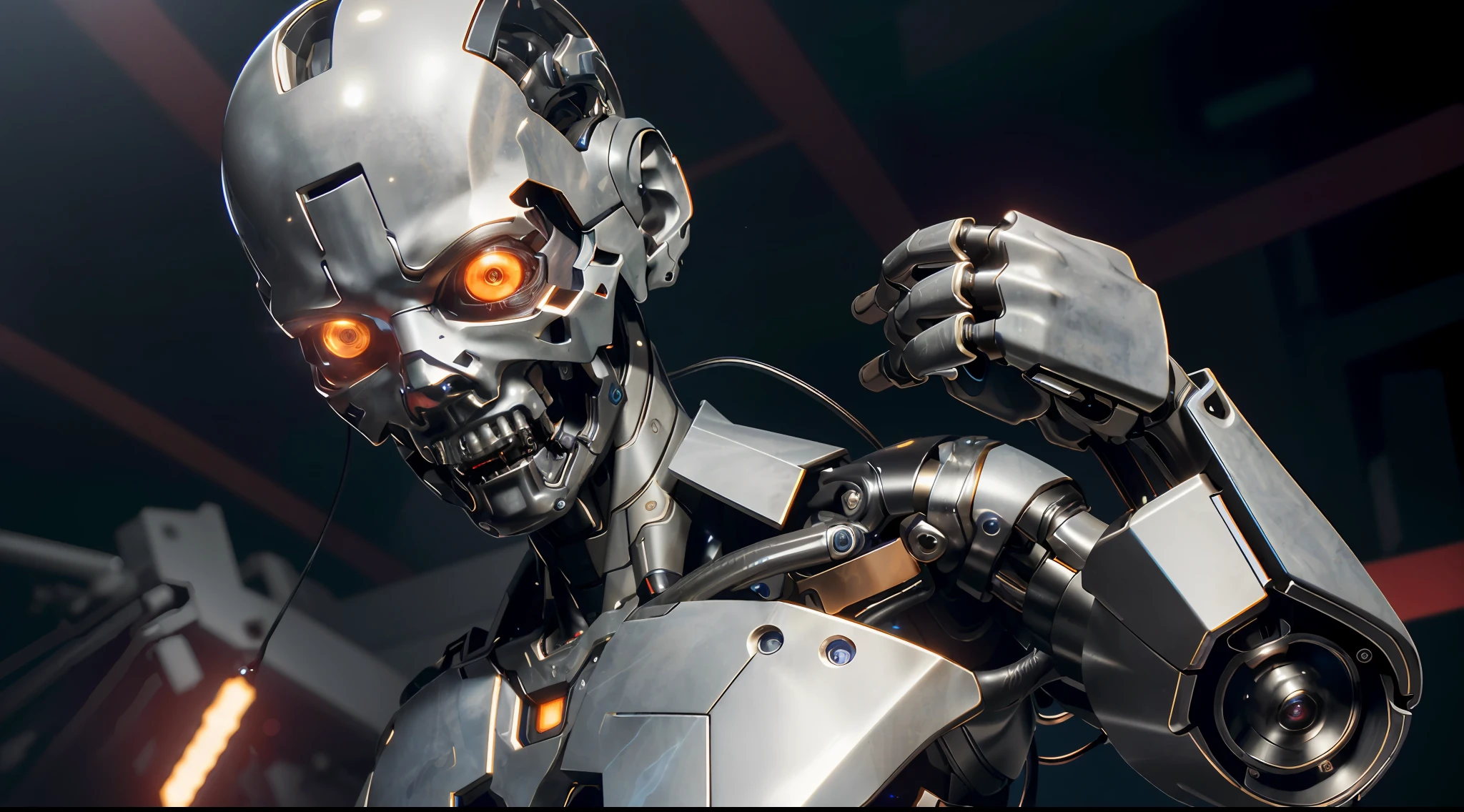 (Best quality),(masterpiece),(ultra detailed),(high detailed),(extremely detailed),A menacing Terminator endoskeleton stares into the camera, its red eyes glowing with artificial intelligence. The metal frame is perfectly preserved, and the machine's expression is one of pure hatred. The image has been enhanced with post-production techniques, giving it a sharp, realistic quality, (masterpiece,8k quality, 8k, top quality, best quality, official art, beautiful and aesthetic:1.2),close up, face, fire eye, eye on fire ,a humanoid lauterbach robot biomechanical bronze with a head full of wires and a light cold on it's face and neck, in a dark room in a dark room with a red light behind him, unreal engine 5 highly rendered, cyberpunk art, les automatistes, raw photo of detailed skin, clear face, (masterpiece, top quality, best quality, official art, beautiful and aesthetic:1.2), (1girl), cyborg, robot wing, two wing, dreadlock hair, extreme detailed,colorful,highest detailed ((ultra-detailed)), (highly detailed CG illustration), ((an extremely delicate and beautiful)),(from side),cinematic light,((1mechanical girl)),solo,full body,(machine made joints:1.2),((machanical limbs)),(blood vessels connected to tubes),(mechanical vertebra attaching to back),((mechanical cervial attaching to neck)),(sitting),expressionless,(wires and cables attaching to neck:1.2),(wires and cables on head:1.2)(character focus),science fiction,(blood:0)