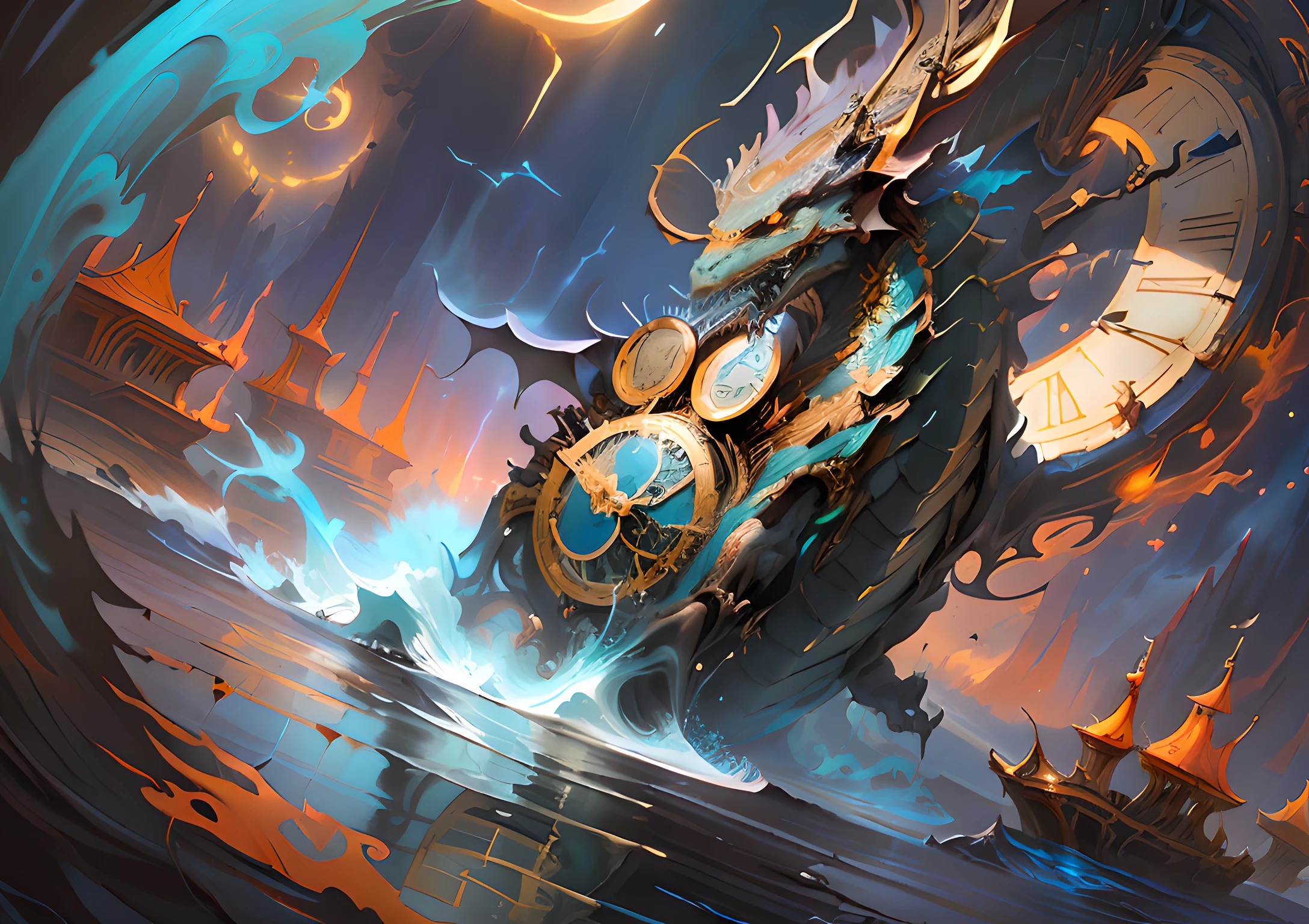 Draw a dragon，Holding a clock and a body of water in his mouth, mohrbacher, Fantasy art Behance, epic fantasty card game art, intricate wlop, by Yang J, wlop and ross thran, WLOP Art, magic the gathering card art, magic the gathering art style, by Bayard Wu, epic fantasy card game art