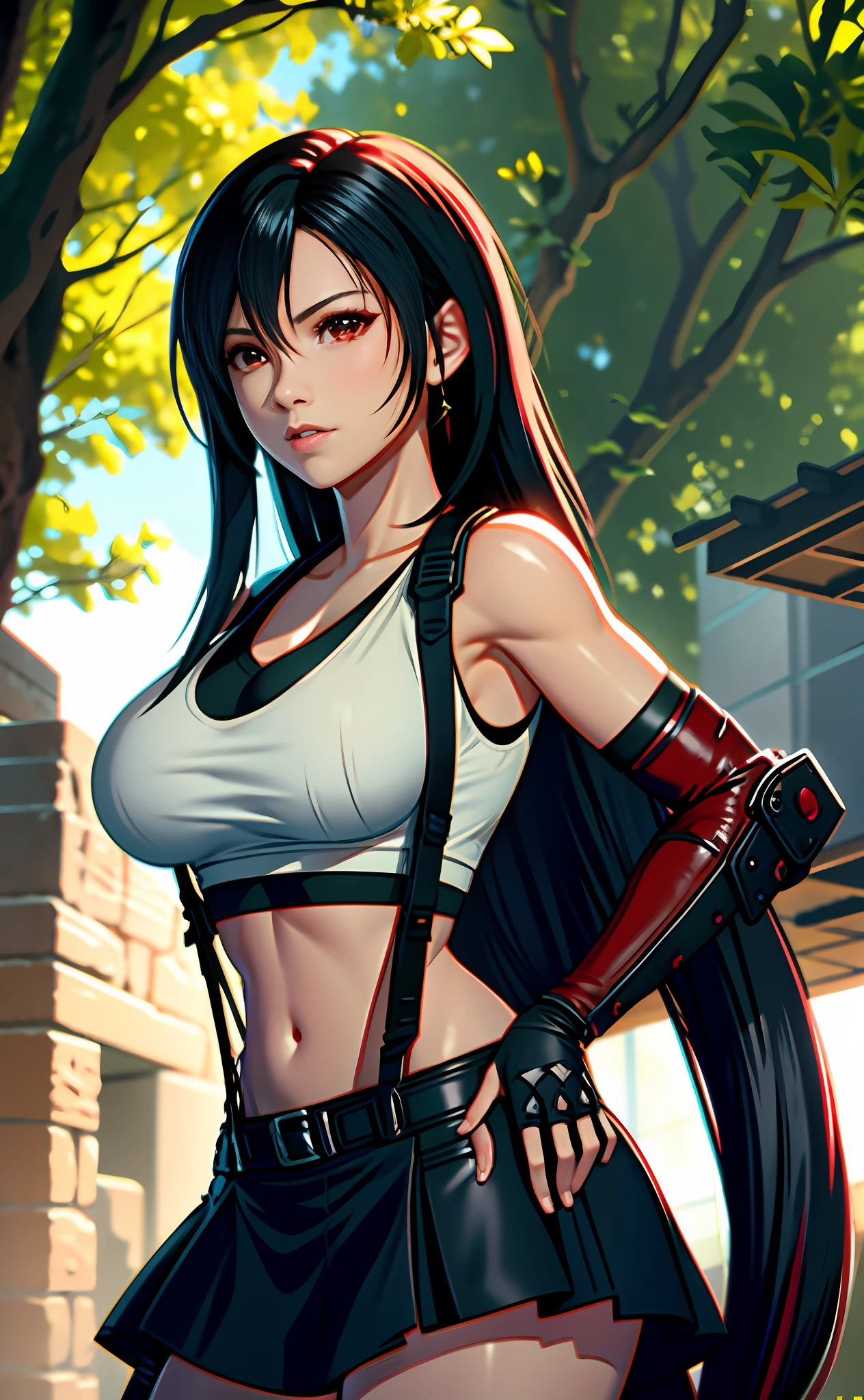 Tifa lockhart, tifa_lockhart,  ff7, sultry face, (full :1.5), (black long hair), hair bangs (red eyes:1.3) long eyelashes, beautiful red eyes with brightness, surrealism, shadow, stereogram, photorealistic, realistic, POV, atmospheric perspective, cinematic lighting, ray tracing, 8k, super detail, best quality, masterpiece, well detailed, (Canon EOS R6, 135mm, 1/1250s, f/2.8, ISO 400:0.9), red combat gloves, big breasts, slim, (medium breasts:1.4) (view from front:1.4)(nature background:1.3)