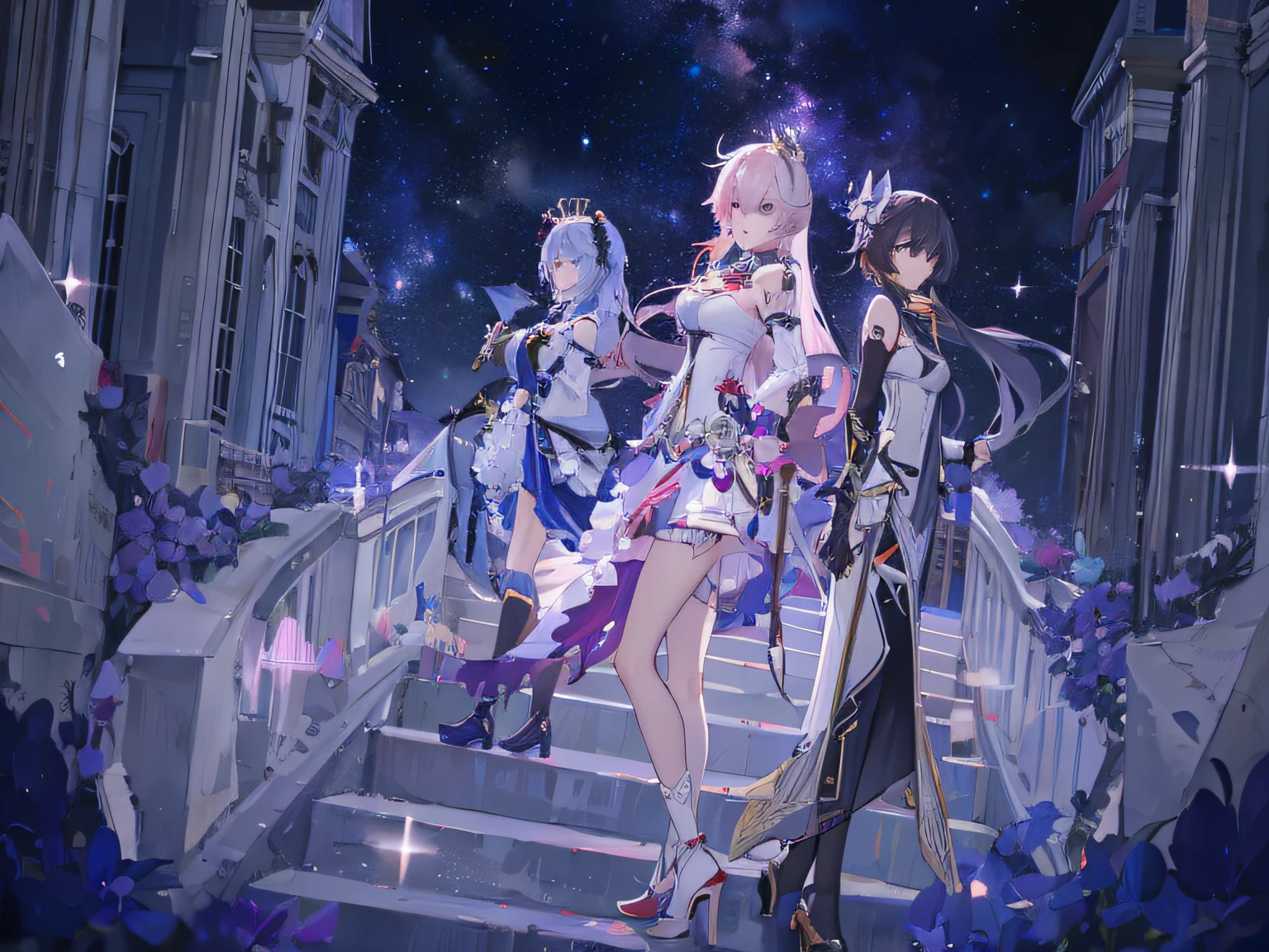 Anime characters walking on the city stairs in costume, 《Honkai 3》role, beautiful fantasy anime, Genshin, A scene from the《Honkai 3》videogame, high detailed official artwork, Popular anime fantasy artwork on ArtStation Pixiv, Anime fantasy illustration, goddess of galaxies