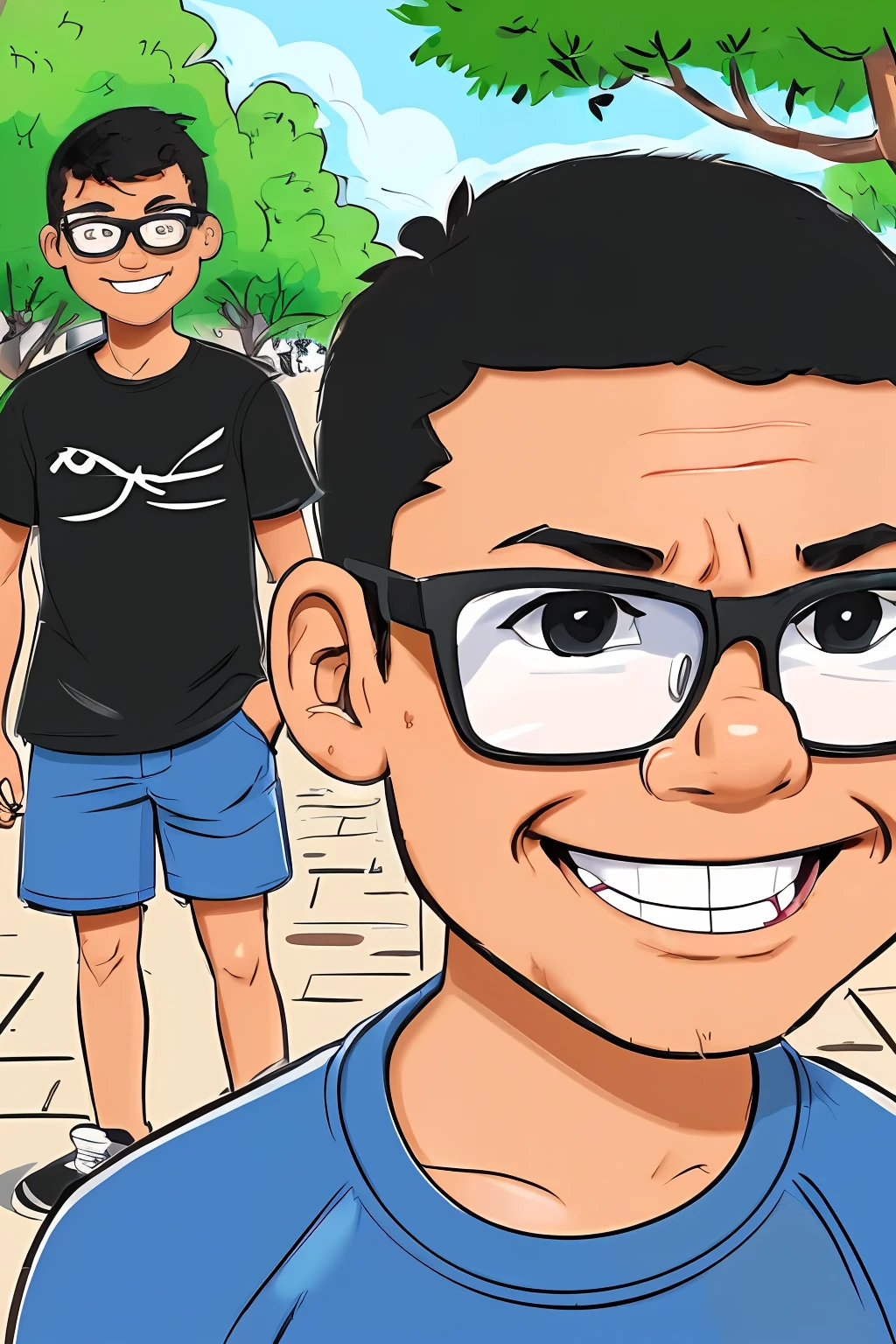 guttonerdjul23, (illustration 2d:1.5) of a smiling boy, 3 , light brown skin tone, wearing glasses, brooding in a park, black T-shirt and hunter shorts, front view, looking straight at viewer, short hair, brown eyes , (cartoon style:1.5), blurred background