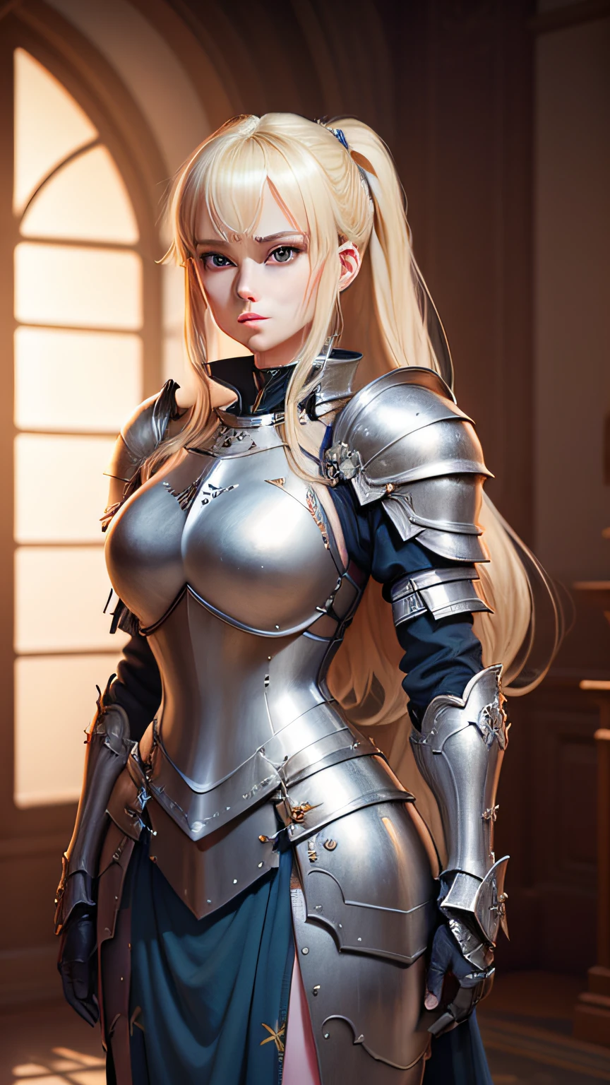 Blonde woman in armor poses for photos in the room, Stunning character art, girl in knight armor, 3 D rendering character art 8 K, of a beautiful female knight, 2. 5 D CGI anime fantasy artwork, Detailed digital anime art, beautiful female knight, photorealistic anime girl rendering, Extremely detailed Artgerm, Fanart Meilleure ArtStation