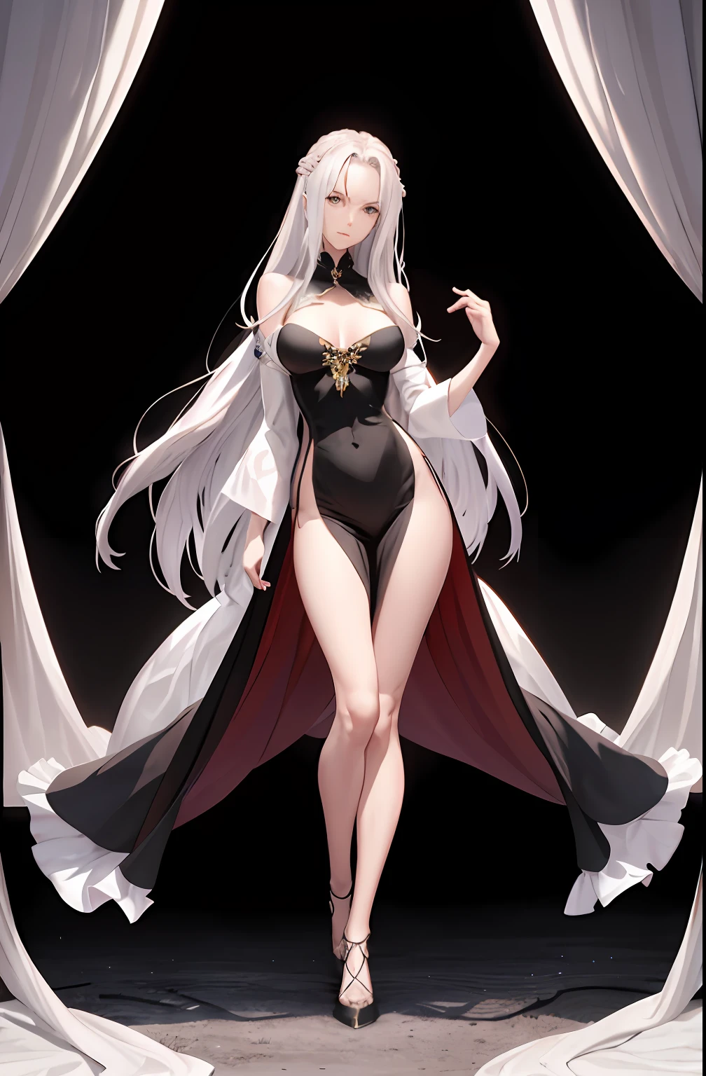 Master anime works,An impeccable masterpiece,8K picture quality: A full-fledged noblewoman was tied to a pillar,The legs are separated,solid color backdrop,Wear cool and sexy clothes,Female boss,Flowing silver hair,Full-body standing,Slender legs,Straight breasts,Detailed facial details,Naturally beautiful standing,Vivid and authentic body details
