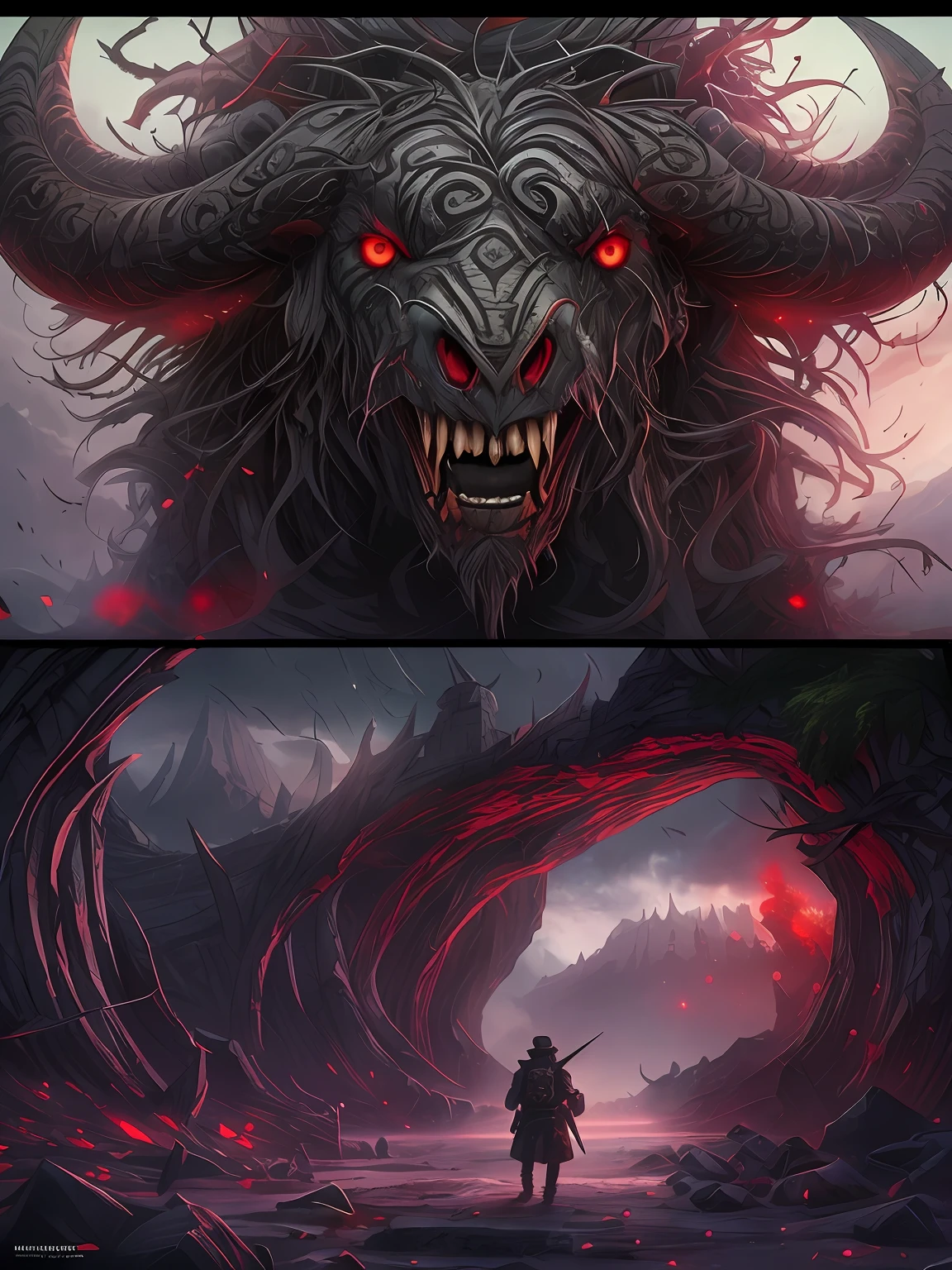 ((A huge yak)), greek myth, Monster, musculature, The sky and the earth are dark,salama,(Stepping on all fours)(The stone walls are covered with moss), Madness, ,Blood red eyes,
insanely details, Intricate details, ultra - detailed,
((Comic book style)), mistic, elegant, ((Domineering look)), dangers, (Fear and terror), Mordor, Creepy, Darkest horror background,
(Skin texture), intricately details, Fine details, ultra - detailed, Ray traching, Subsurface scattering, diffused soft lighting, Shallow depth of field, By (Oliver Wetter)
trending on artstationh, trending on CGSociety, Intricate, High detail, Sharp focus, Dramatic, photorealistic painting art by midjourney and greg rutkowski, Bokeh on the background,(Wide angle 1:3),