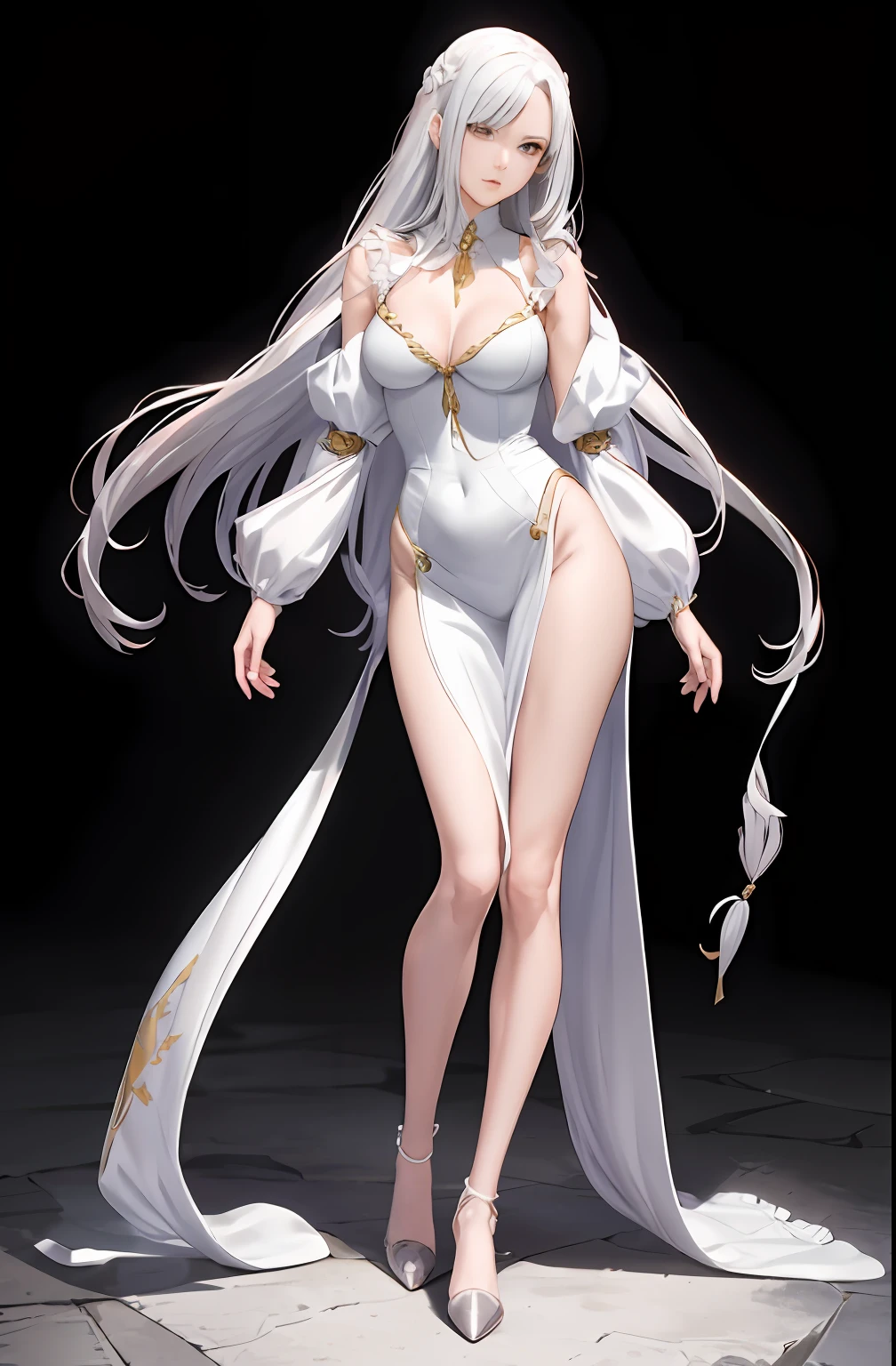 Master anime works,An impeccable masterpiece,8K picture quality: A full-fledged noblewoman was tied to a pillar,The legs are separated,solid color backdrop,Wear cool and sexy clothes,Female boss,Flowing silver hair,Full-body standing,Slender legs,Straight breasts,Detailed facial details,Naturally beautiful standing,Vivid and authentic body details