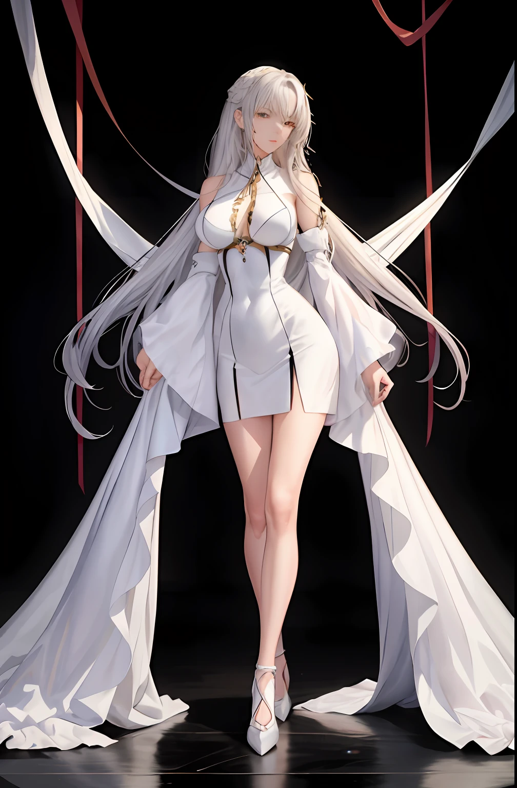 Master anime works,An impeccable masterpiece,8K picture quality: A full-fledged noblewoman was tied to a pillar,The legs are separated,solid color backdrop,Wear cool and sexy clothes,Female boss,Flowing silver hair,Full-body standing,Slender legs,Straight breasts,Detailed facial details,Naturally beautiful standing,Vivid and authentic body details