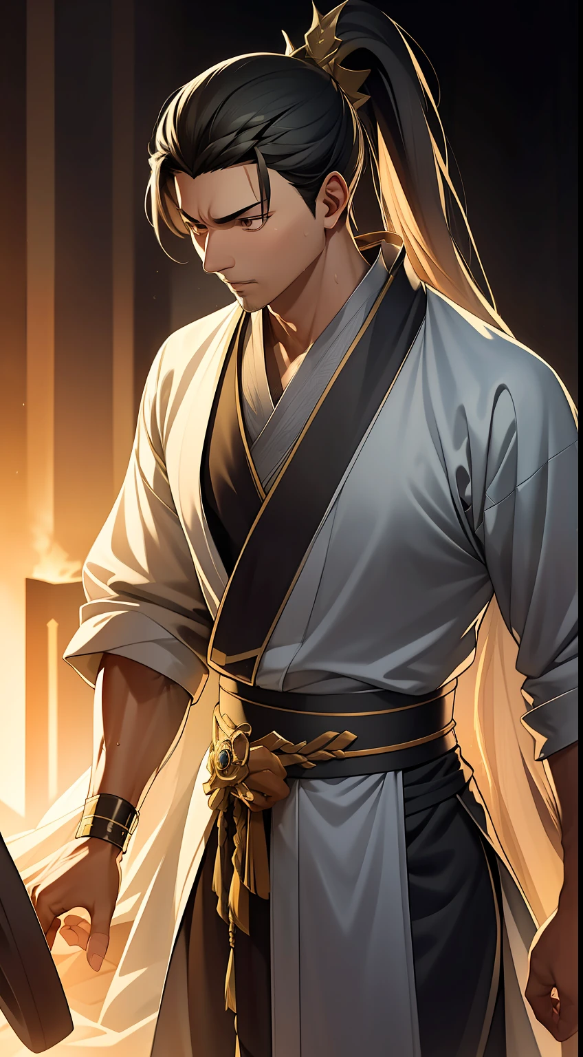 quadratic element,style of anime,mtu(Male Warrior),The proportions are correct,Face details,swordsmen,High ponytail hairstyle,Neck details,There is an Adam's apple,Golden Hanfu,kaftan,Embroidered robes,Golden robes,clothes details,Handing over,longer sleeves,Game quality,Swordsmanship,Light and shadow tracking,Ray traching,detailed glow,cg render,hair detail,cabellos largos dorados,Golden eyes,Handsome,Handsome,(juvenile sense),Clothing is complicated,Perfectcomposition,Refinement,high qulity,higher details,Lots of details,The background is complex,a sense of atmosphere,