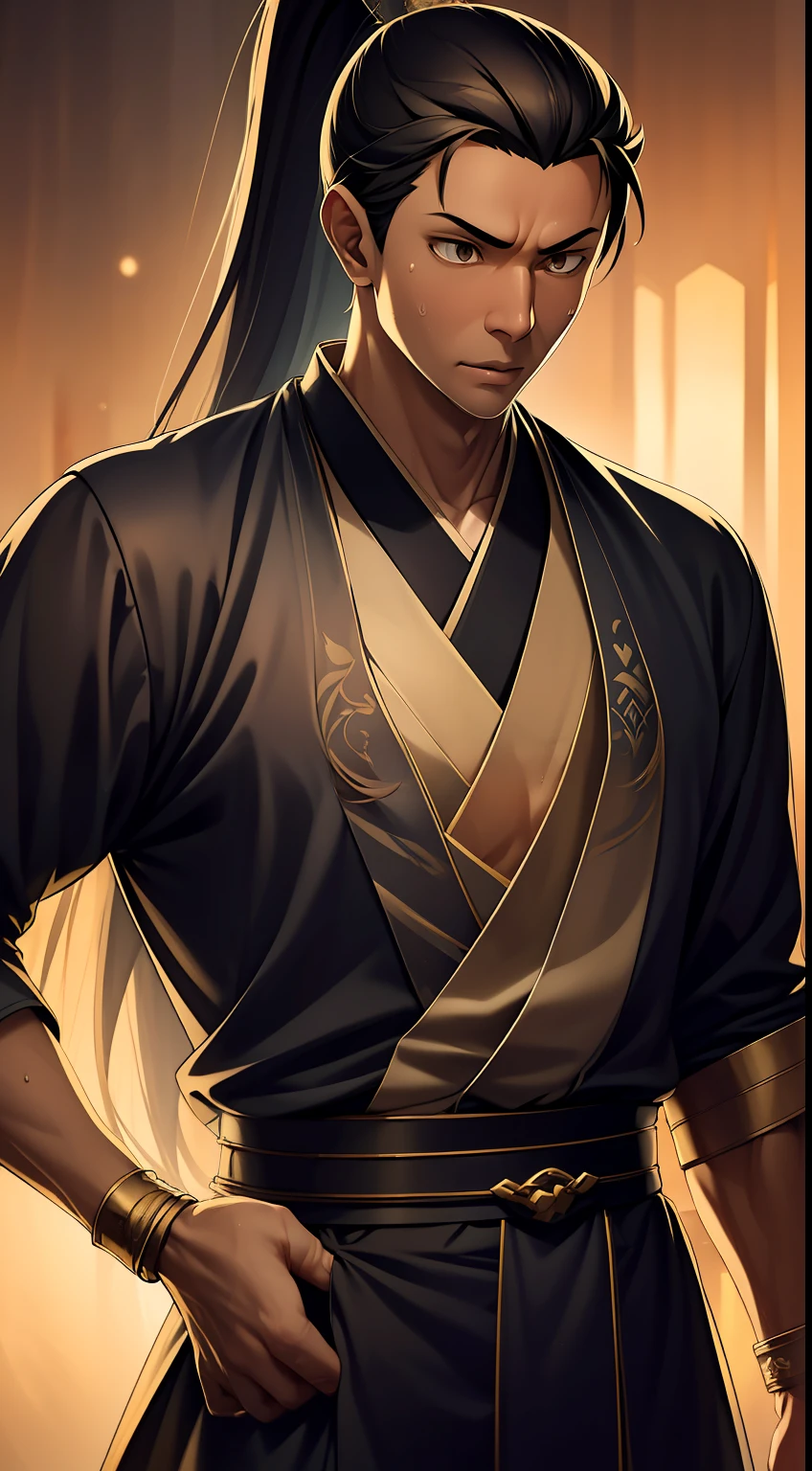 quadratic element，style of anime，mtu（Male Warrior），The proportions are correct，Face details，swordsmen，High ponytail hairstyle，Neck details，There is an Adam's apple，Golden Hanfu，kaftan，Embroidered robes，Golden robes，clothes details，Handing over，longer sleeves，Game quality，Swordsmanship，Light and shadow tracking，Ray traching，detailed glow，cg render，hair detail，cabellos largos dorados，Golden eyes，Handsome，Handsome，（juvenile sense），Clothing is complicated，Perfectcomposition，Refinement，high qulity，higher details，Lots of details，The background is complex，a sense of atmosphere，