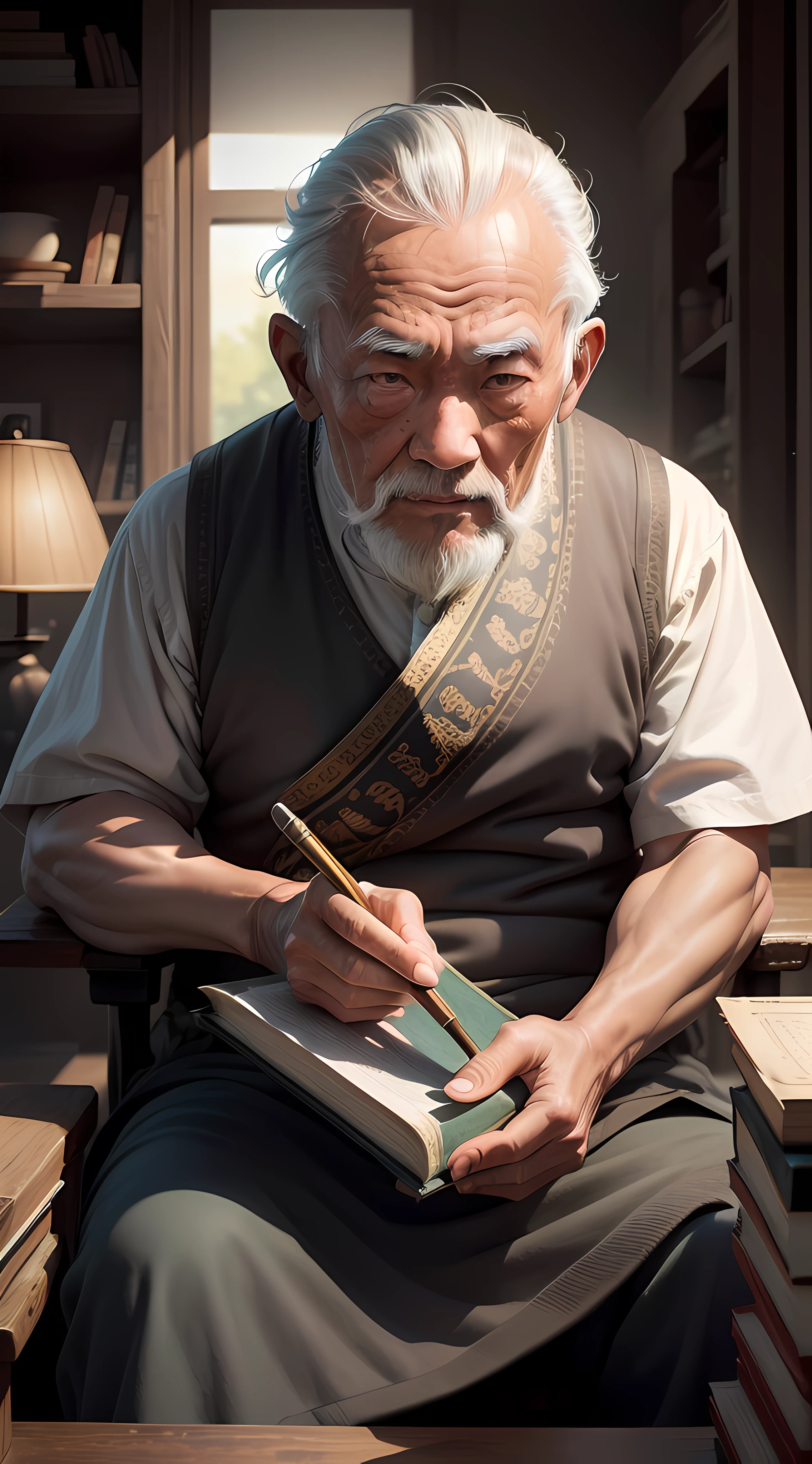 an asian old man is sitting in front of an ancient book in the mystery sceen, eyes on the camera, taking a clear image of the old man, Ultra HD, Max Sharpen, 8K, 101K ultra detailed resolution, sf, trending on artstation, focus sharp, studio shot, intricate detail, highly detailed, Ultra Detailed, Ultra HD, Max Sharpen, 8K, 101K ultra detailed resolution, sf, trending on artstation, focus sharp, studio shot, intricate detail, highly detailed