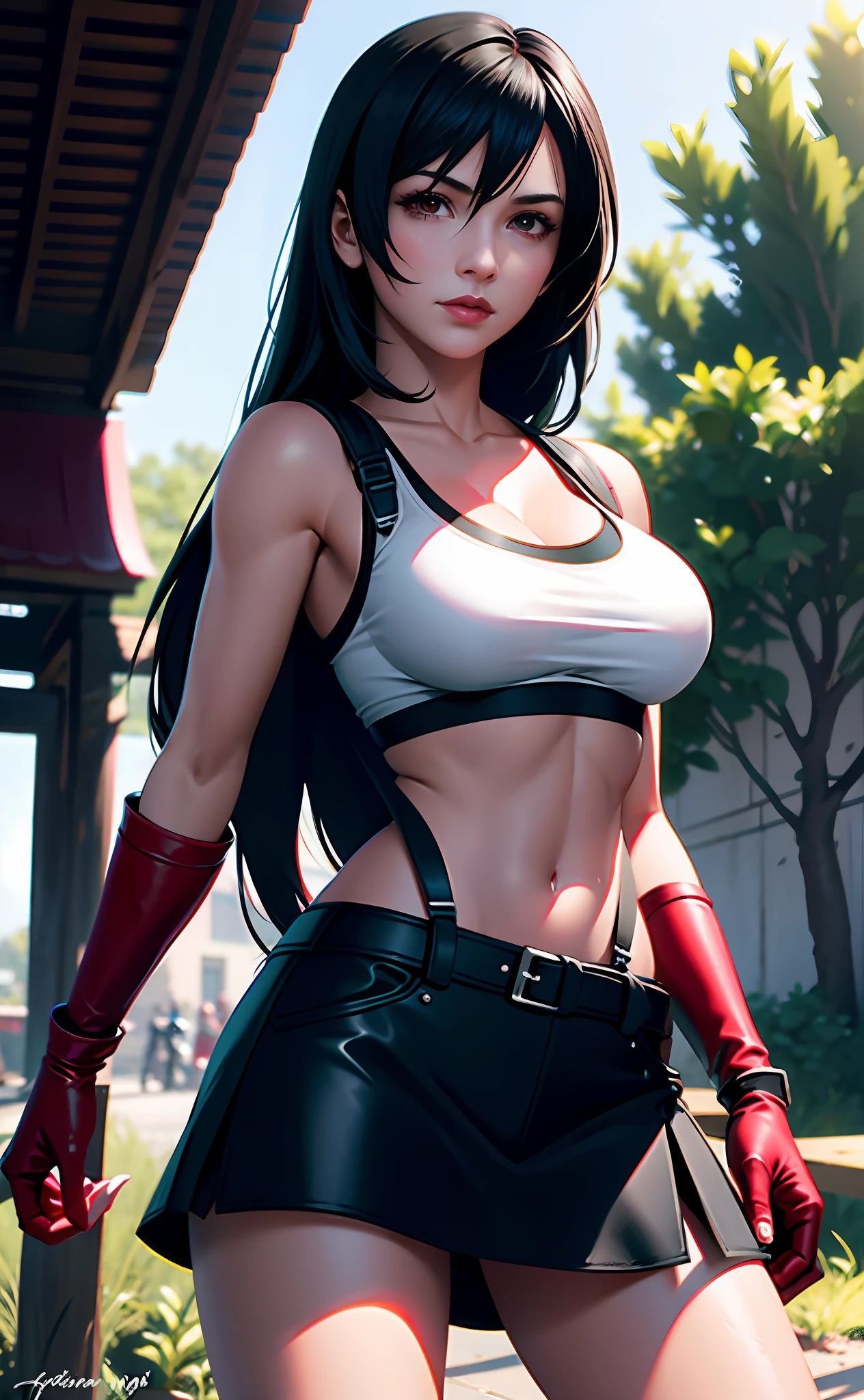 Tifa lockhart, tifa_lockhart,  ff7, sultry face, (full :1.5), (black long hair), hair bangs (red eyes:1.3) long eyelashes, beautiful red eyes with brightness, surrealism, shadow, stereogram, photorealistic, realistic, POV, atmospheric perspective, cinematic lighting, ray tracing, 8k, super detail, best quality, masterpiece, well detailed, (Canon EOS R6, 135mm, 1/1250s, f/2.8, ISO 400:0.9), red combat gloves, big breasts, slim, (medium breasts:1.4) (view from front:1.4)(nature background:1.3)