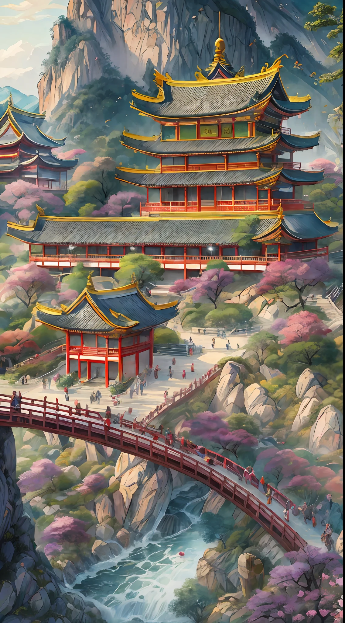 Minamiomitsu,It is bordered by Huaishui to the north。Dongtong Haijiao,West Seal Float。There are towers on the top of the mountain,There are huge springs in the mountain hollows。Saga Kaiishi,Akira Qiao Song。All kinds of fruits should be updated,A thousand flowers bloom into the sun。People are like ant arrays, there are many exchanges,The ship traveled like a goose and returned to Guangguang。There is the Ruiyanguan Temple above、Dongyue Palace、Five Temples、Kameyama-ji,Zhong Yun cigarette rushed Bihan;There is also a glass spring、Five Towers、Hachisendai、Apricot garden,The mountains and trees reflect the city。White clouds are uneven,The ghost birds are tired and chirping。Say very Tai Song Heng Hua Xiu,The fairy scenery here is like a pengying。. Best quality, Masterpiece, hyper-detailing, 8K, yes. .Best quality, Ultra-detailed, Best shadow,8K,offcial art