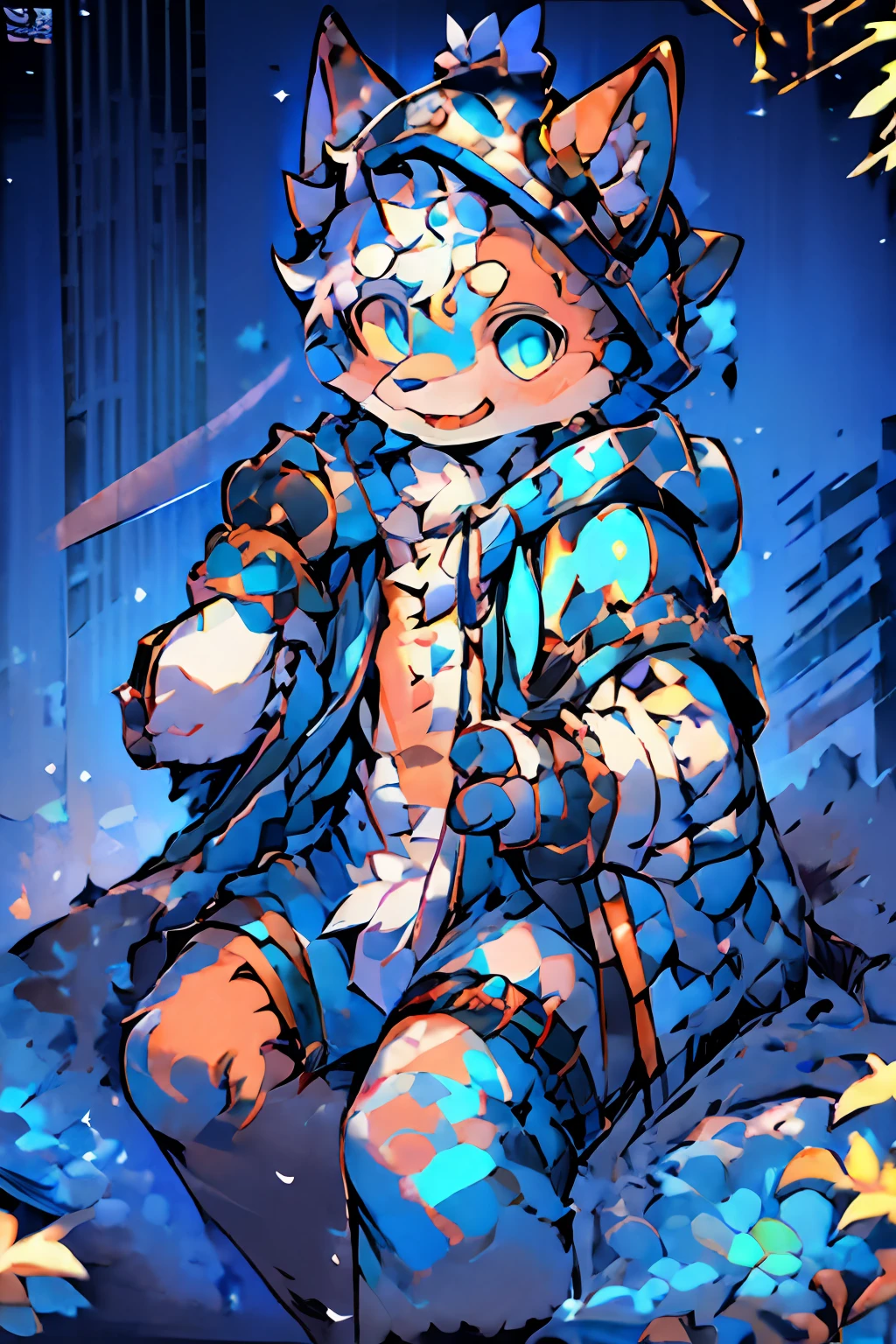 (Masterpiece:1.3), (2D:1.0), (illustration:1.0), (Sharp:1.2), (hard light:1.0), (black shadows:1.0),(Reflection, refractions:0.8) , (llight rays、Dappled light、glarelight、lens flare glow、Dingdall effect:1.0)、(Pubic area is clear、Shiny:1.0)、(best qualtiy:1.2)、(super-fine:1.0)、(extremly intricate:1.0)、 (blur foreground,cinematric light,Ray traching:1.1),(Bright_colours,Dark_Intense_Shadows:1.3),(impasto,Colorful:1.3),,(warm_Light_From_Below,Glow_White_Particle:1.2),( granblue_fantasy_\(styled\):1.1)。 (Young_Male,bishounen,11_years_Old:1.5),1 baby boy,cub,anthro,uploads_On_e621,coyote_Boy,(Detailed_Fluffy_fur,tuft,White_fur),Animal_nase,Animal_Ear_vellus hair,coyote_hor ears, (Furry wolf paws,clawed paws,Animal_hand:1.3),kawaii,Cute,Fancy,Fragile,oil,Handsome,Solo,(cowbow_Shot:1.3),Male_Focus,Blue_clothes,(Hooded_Cloak,Hood_Up:1.5),Male_short_Hair,White_Hair,Blue_Eyes,One_eye_Closed,By bangs、Keep one's mouth shut、ssmile、faint blush、Raise both hands、Raise the stars、Bottomless(Keep your feet apart,Sit Pose:1.2),looking at viewert。 (Night,Starry_sky,Crescent_Moon,Star_\(sky\),Pedras preciosas,plant,Star_\(symbol\),Sparkle),exteriors,scenecy,Protective goggles(Orange hair:1.2