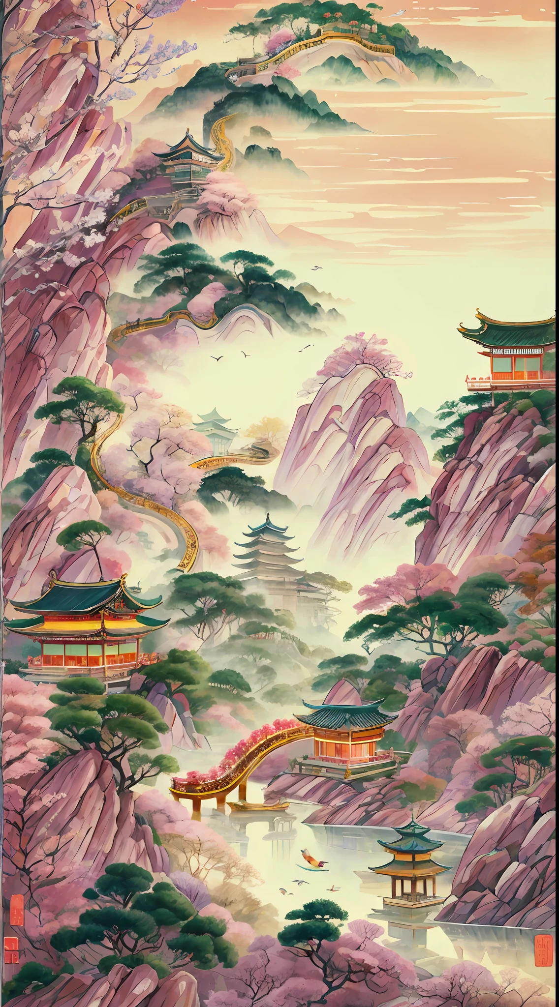 Minamiomitsu,It is bordered by Huaishui to the north。Dongtong Haijiao,West Seal Float。There are towers on the top of the mountain,There are huge springs in the mountain hollows。Saga Kaiishi,Akira Qiao Song。All kinds of fruits should be updated,A thousand flowers bloom into the sun。People are like ant arrays, there are many exchanges,The ship traveled like a goose and returned to Guangguang。There is the Ruiyanguan Temple above、Dongyue Palace、Five Temples、Kameyama-ji,Zhong Yun cigarette rushed Bihan;There is also a glass spring、Five Towers、Hachisendai、Apricot garden,The mountains and trees reflect the city。White clouds are uneven,The ghost birds are tired and chirping。Say very Tai Song Heng Hua Xiu,The fairy scenery here is like a pengying。. Best quality, Masterpiece, hyper-detailing, 8K, yes. .Best quality, Ultra-detailed, Best shadow,8K,offcial art