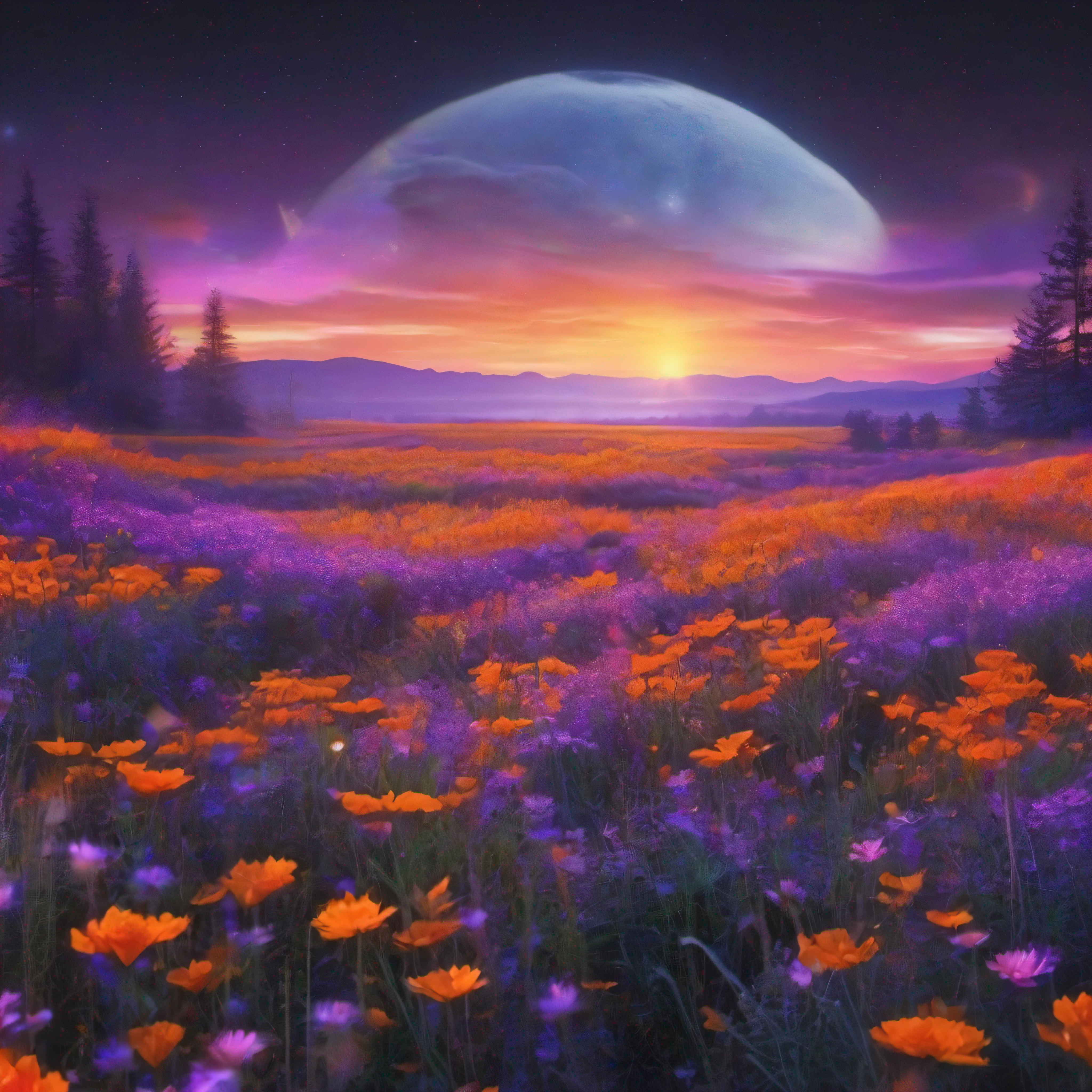 expansive landscape photograph , (a view from below that shows sky above and open field below), a girl standing on flower field looking up, (full moon:1.2), ( shooting stars:0.9), (nebula:1.3), distant mountain, tree BREAK production art, (warm light source:1.2), (Firefly:1.2), lamp, lot of purple and orange, intricate details, volumetric lighting, realism BREAK (masterpiece:1.2), (best quality), 4k, ultra-detailed, (dynamic composition:1.4), highly detailed, colorful details,( iridescent colors:1.2), (glowing lighting, atmospheric lighting), dreamy, magical, (solo:1.2)