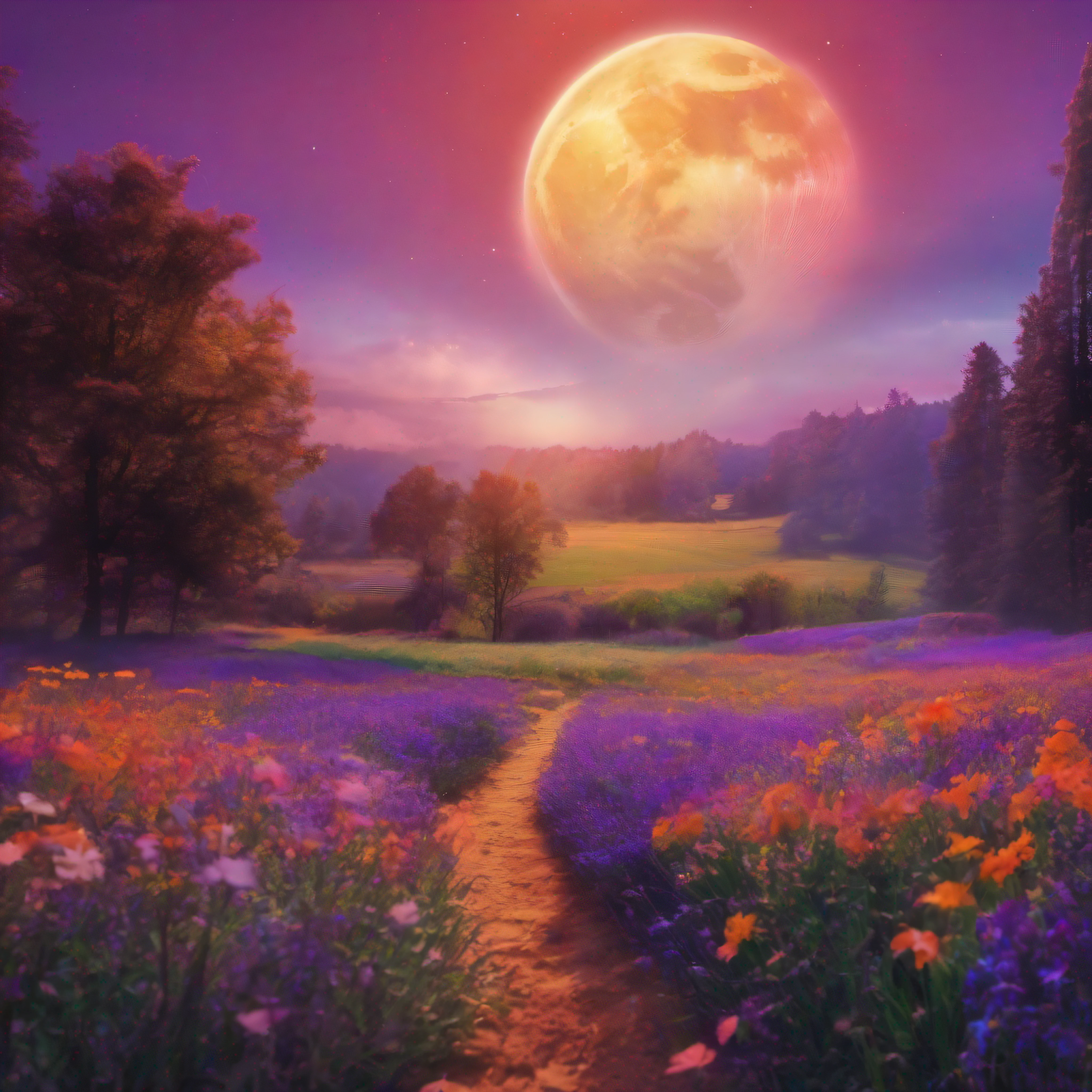 expansive landscape photograph , (a view from below that shows sky above and open field below), a girl standing on flower field looking up, (full moon:1.2), ( shooting stars:0.9), (nebula:1.3), distant mountain, tree BREAK production art, (warm light source:1.2), (Firefly:1.2), lamp, lot of purple and orange, intricate details, volumetric lighting, realism BREAK (masterpiece:1.2), (best quality), 4k, ultra-detailed, (dynamic composition:1.4), highly detailed, colorful details,( iridescent colors:1.2), (glowing lighting, atmospheric lighting), dreamy, magical, (solo:1.2)