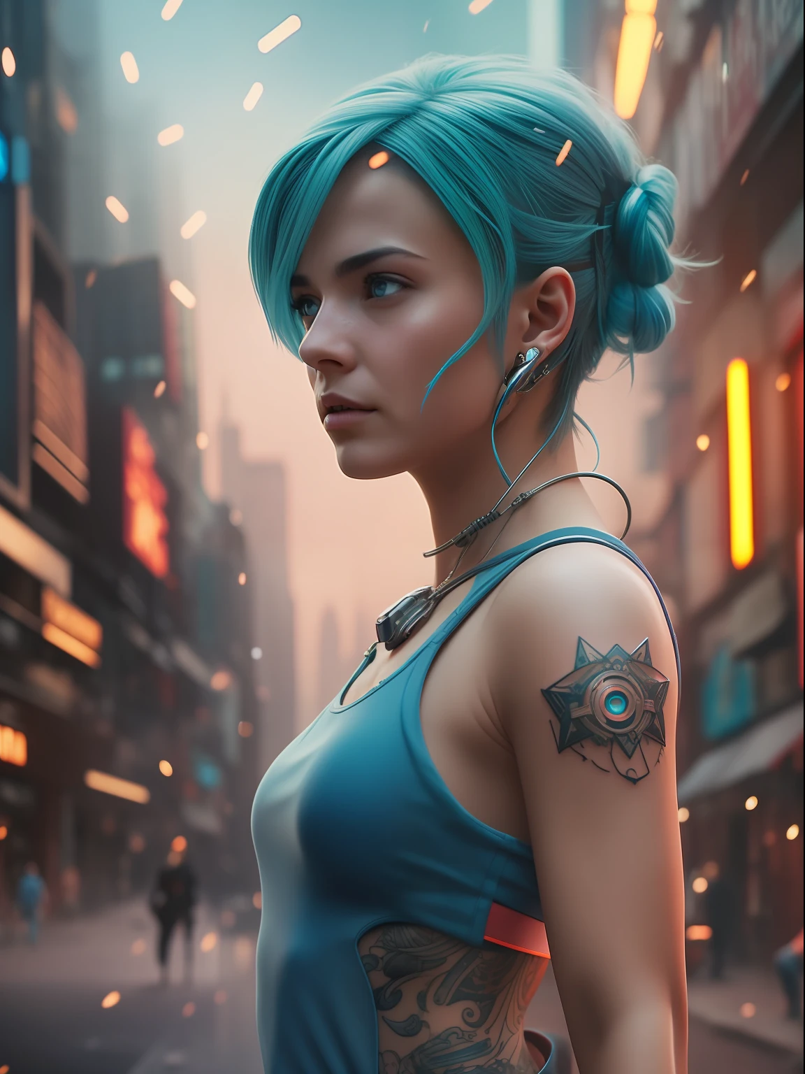 Award-winning photo from the waist up, blue-haired woman showing her face, alone, from the torso up, with cybernetic enhancements with tattoo of magical symbols, in front of cyberpunk buildings, vibrant, photorealistic, hyperrealism, strong impressionist painting style, 1,618, elegant, ethereal, intricate, elaborate, hyper-realism, hyper-detailed, strong expressiveness and emotionality, cinematic lighting, visual clarity