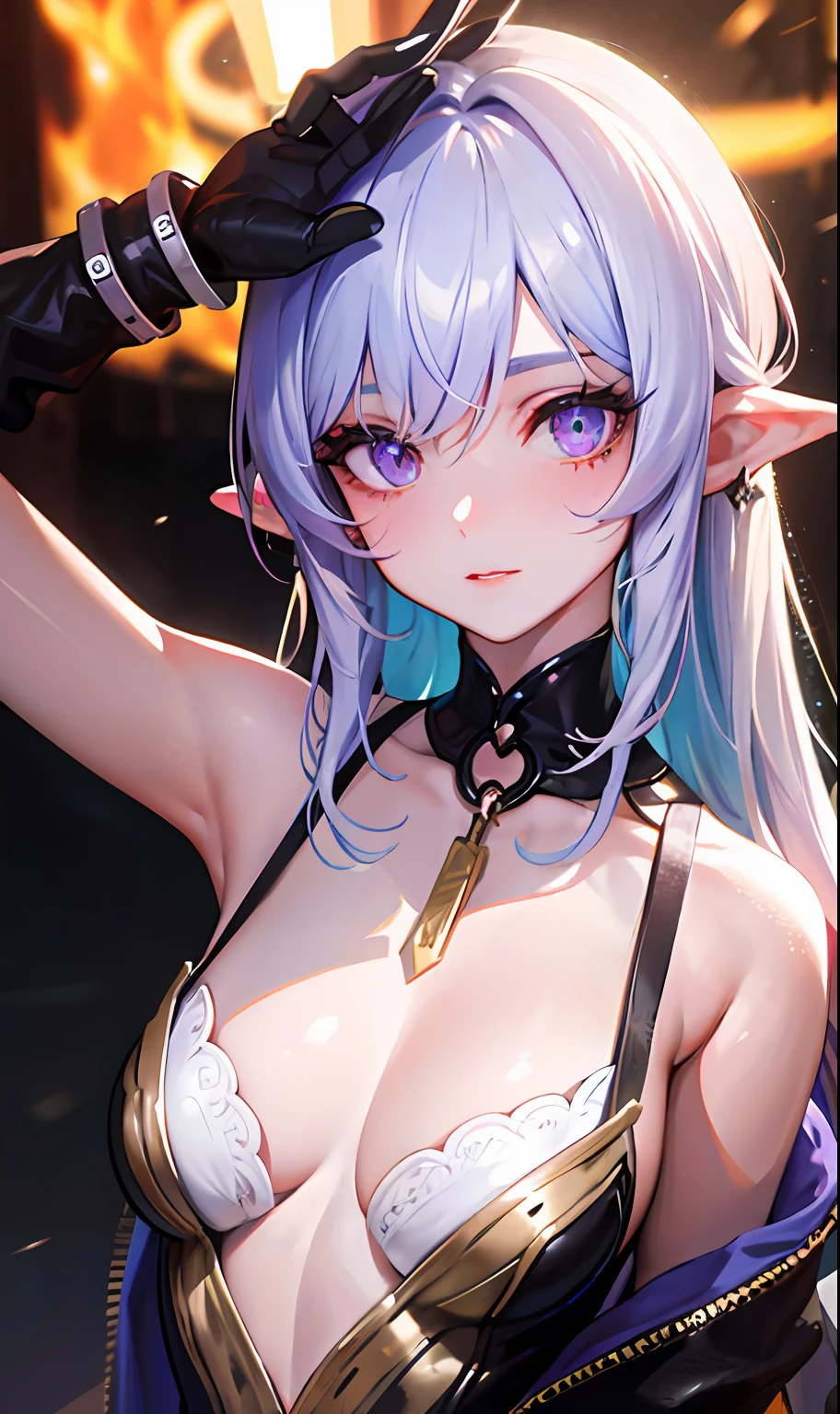 (tmasterpiece,Sideslit,Beautiful eyes:1.2),(tmasterpiece*sportrait),sportrait,busts,(busts),Lifelike,Anatomical correct,3D脸,luscious skin,(Solo),Hair with pick-dye,Gradient hair,(closeup of face),Lovely face,(Fire opal-like purple eyes),Hanging eye corners,((highdetailskin,Visible pores)),(Perfect body),beuaty girl,little breast,((French_Made_costume)),(neck rings),very short gloves,(chain),(Laser material clothing:1.2)