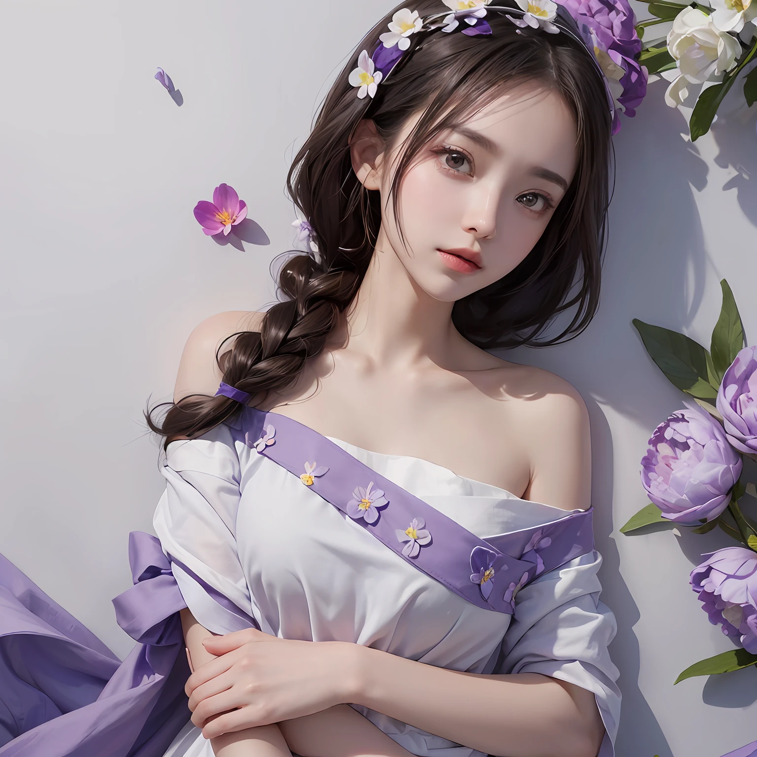 ((Best picture quality, 8K, tmasterpiece:1.3)), 1 cute playful girl, Smart beauty with slim abs:1.3, (Casual hairstyle, Purple flowers are worn on the head,Above the shoulder:1.2), White short sleeves:1.1, Ultra-fine face, A detailed eye, 二重まぶた,ssmile,Purple peony flowers are worn on the head,Quiet pure sky background,solo person,Close-up of the area above the shoulder!