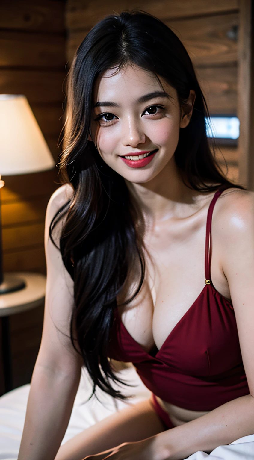 (in 8K、 Raw photography、top-quality,、hight resolution),、(hyper realisitic)、(realisitic),、Soft light、、girl with、Lifelike face、Realistic body、real looking skin、absurderes、masterpiece、Cuties、独奏、Innocent eyes、blusher、Cinema Lights、cherry colored lips、The hair 、a closeup、looking at viewert、 Open lips,、Upper teeth,、(Smiling eyes:0.6)、eyes focus、professionally lit、CG Social Trends、Plastic En、((Black Long Hair))、((Beautuful Women))、(A smile)、Fashionable、Happy -、fashion magazine、((lighting like a movie))、Grinning、((mountain hut))、suns、an legs、on the bed、undergarment、