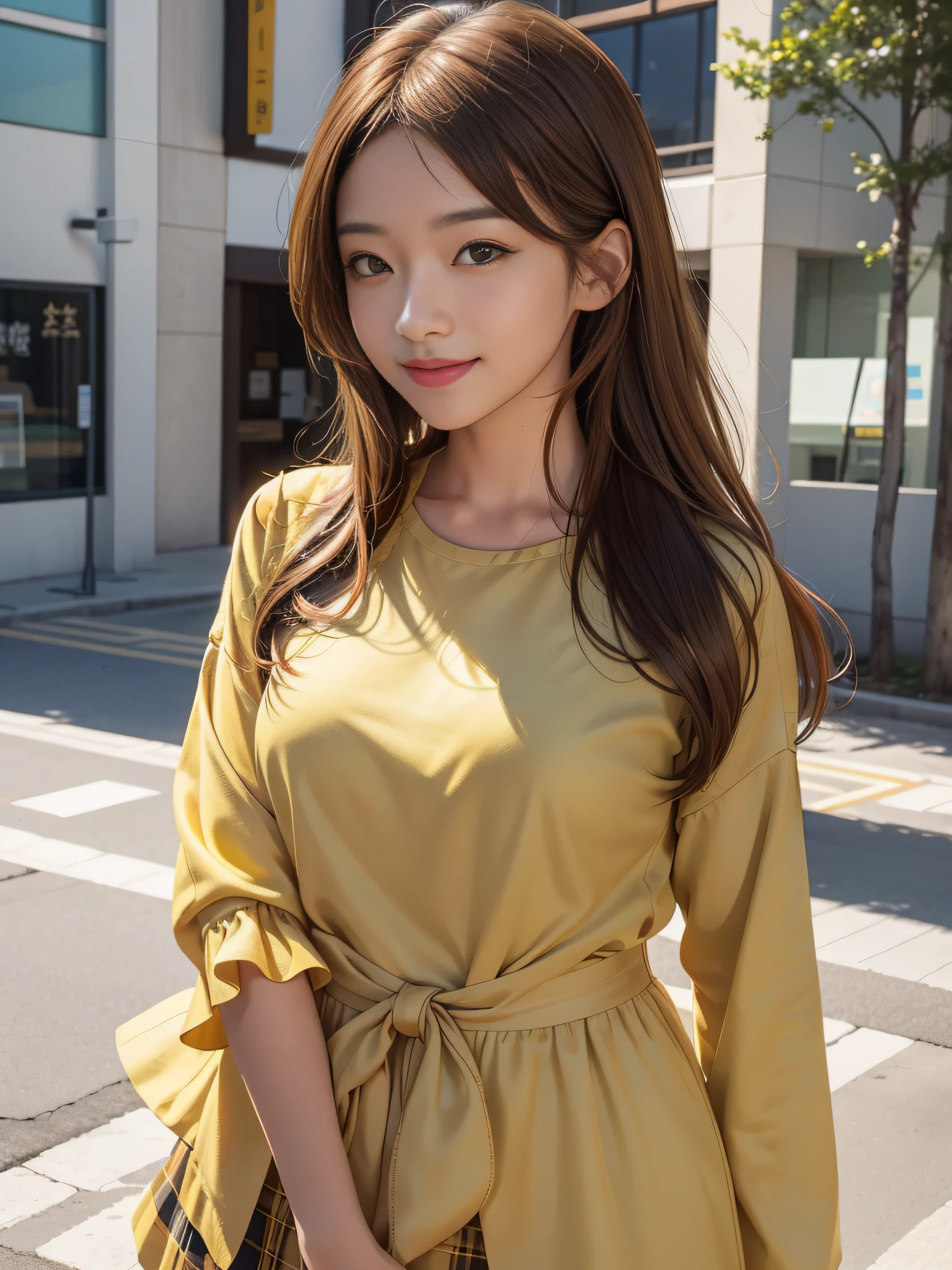 Close-up of the head,Yellow-brown hair,asiagirl,3D face,Wear stylish clothes,watered eyes,Sweet smile --S 400 --ar 3:4 --q 5 --niji 5