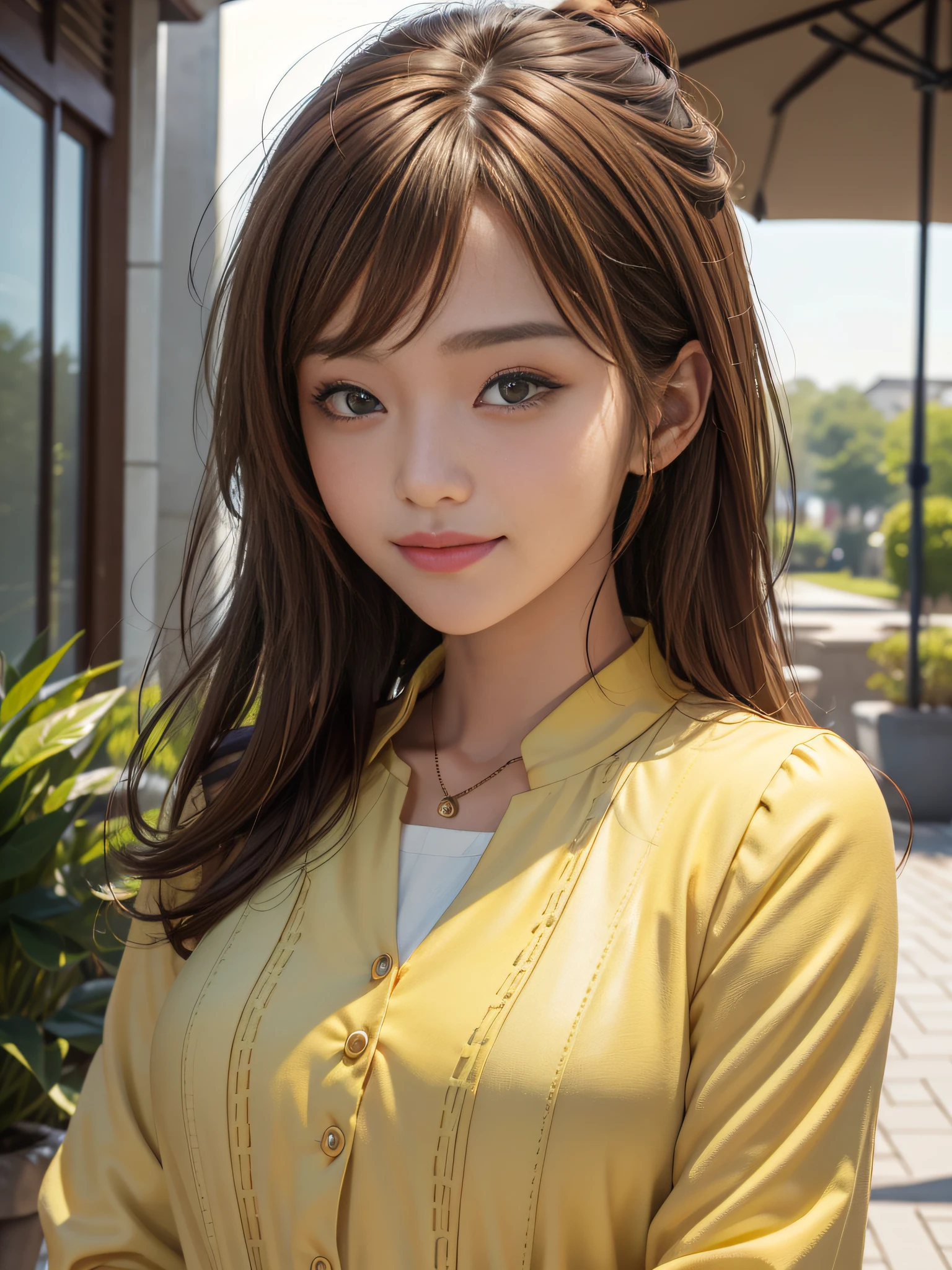 Close-up of the head，Yellow-brown hair，asiagirl，3D face，Wear stylish clothes，watered eyes，Sweet smile --S 400 --ar 3:4 --q 5 --niji 5