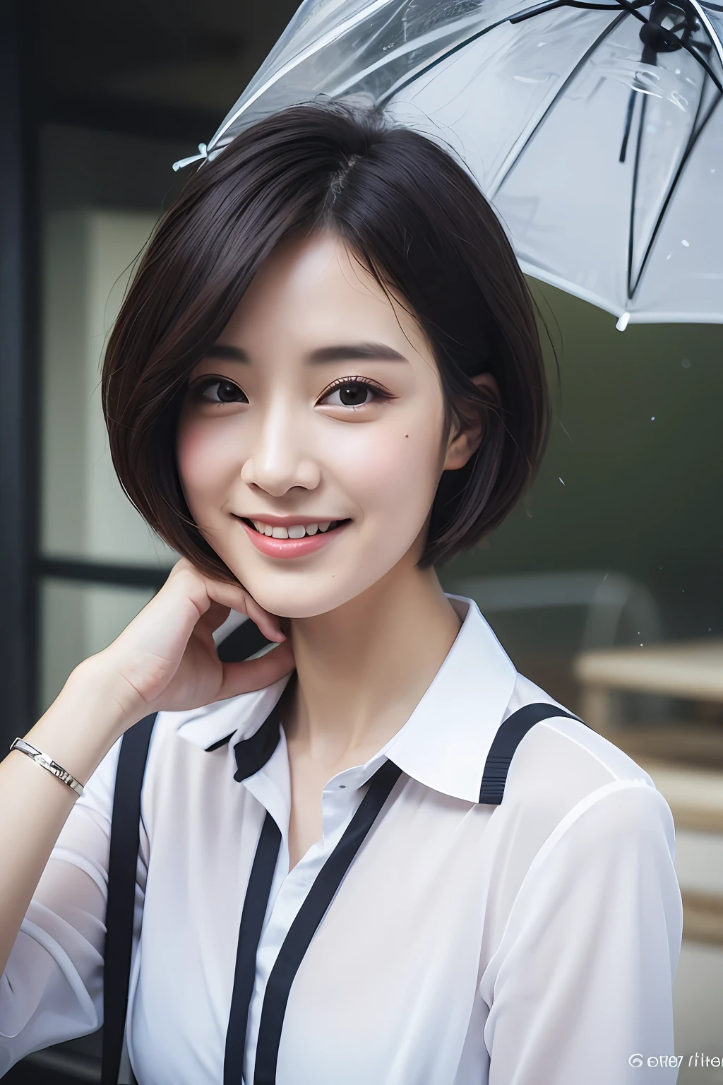 transparent breast patch，no clothes,(8k, best quality, masterpiece:1.2), (realistic, photo-realistic:1.37), ultra-detailed, 1 girl,cute, solo,beautiful detailed sky,detailed cafe,night,sitting,dating,(nose blush),(smile:1.15),(closed mouth) small breasts,beautiful detailed eyes,(collared shirt:1.1), night, wet,business attire, rain,white lace, (short hair:1.2),floating hair NovaFrogStyle,