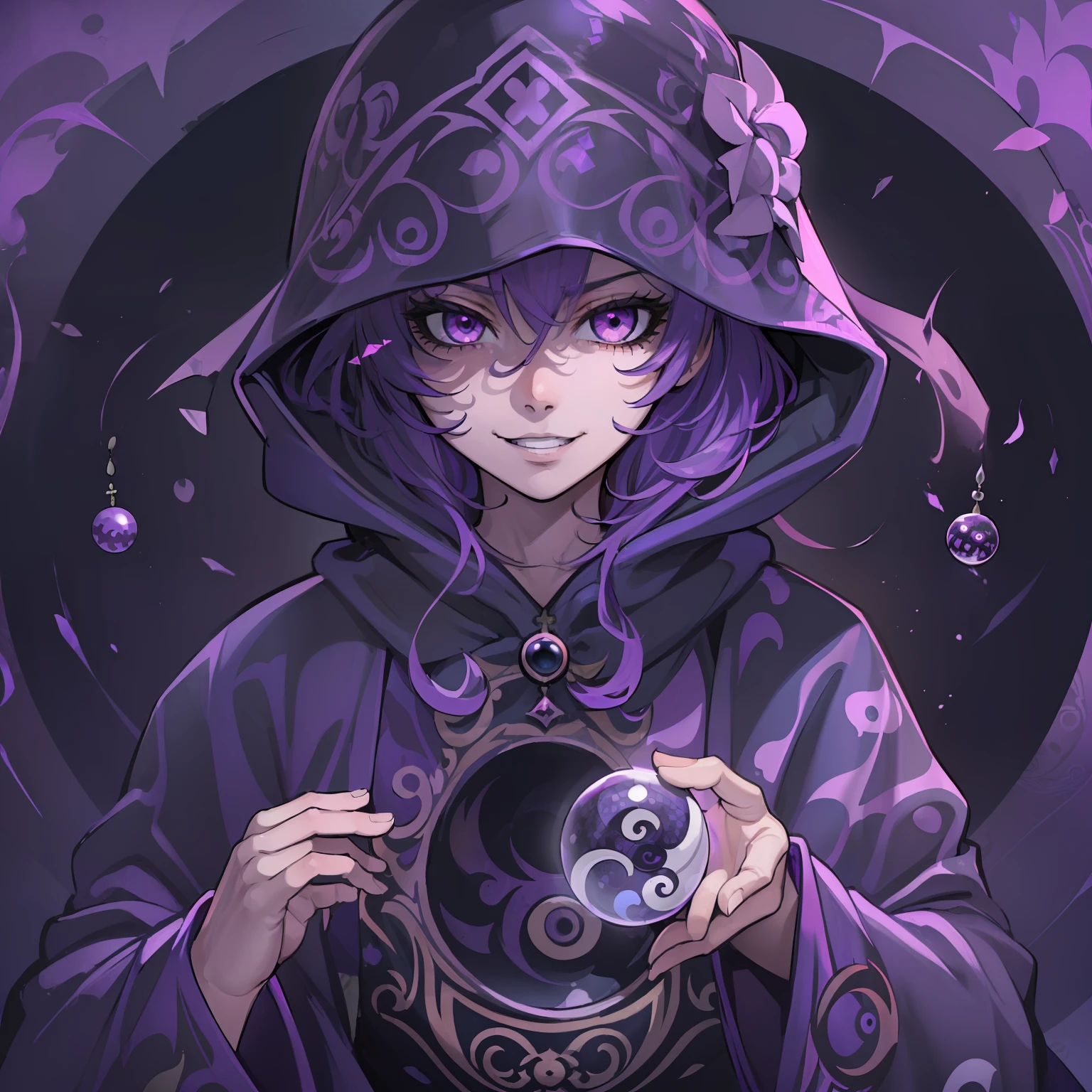 (((Taboo knowledge))), ((The purple robe is printed with yin and yang gossip)), ((The hood covers half of the face)), ((playful grin)), ((Purple eye)), ((mistic)), ((mysterious patterns)), ((crystal sphere)), ((magia)), ((Purple colored hair)), ((a beauty girl)), ((battle garment)), ((tightsuit)), ((army suit))。